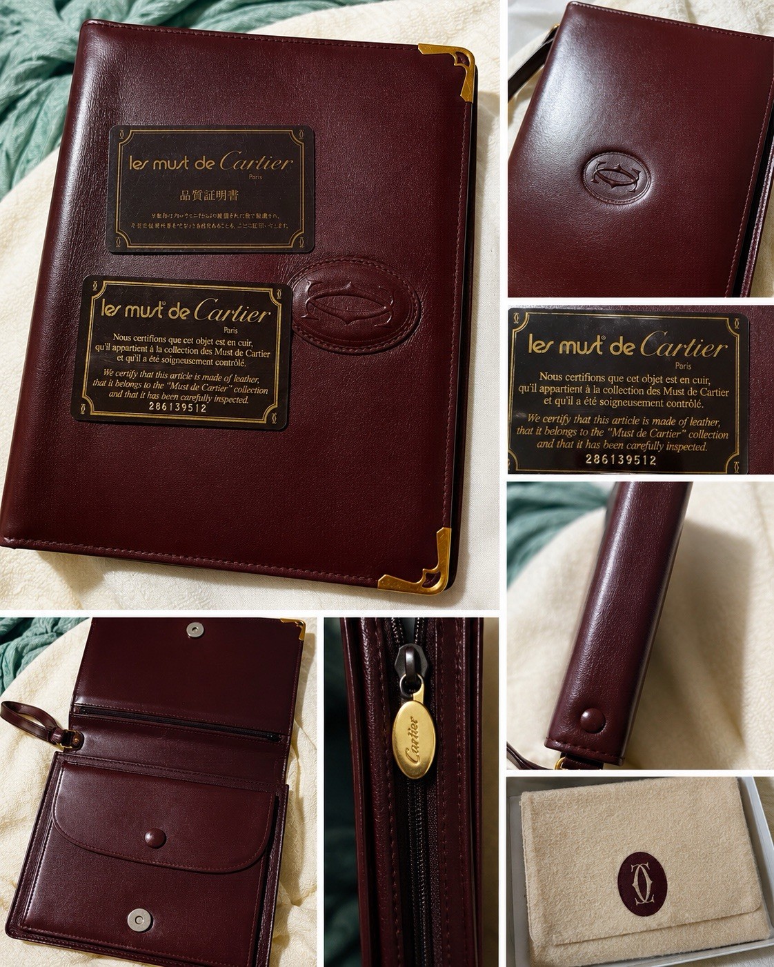 Authentic Cartier Must De Cartier Burgundy Leather Clutch Gold Hardware &COA