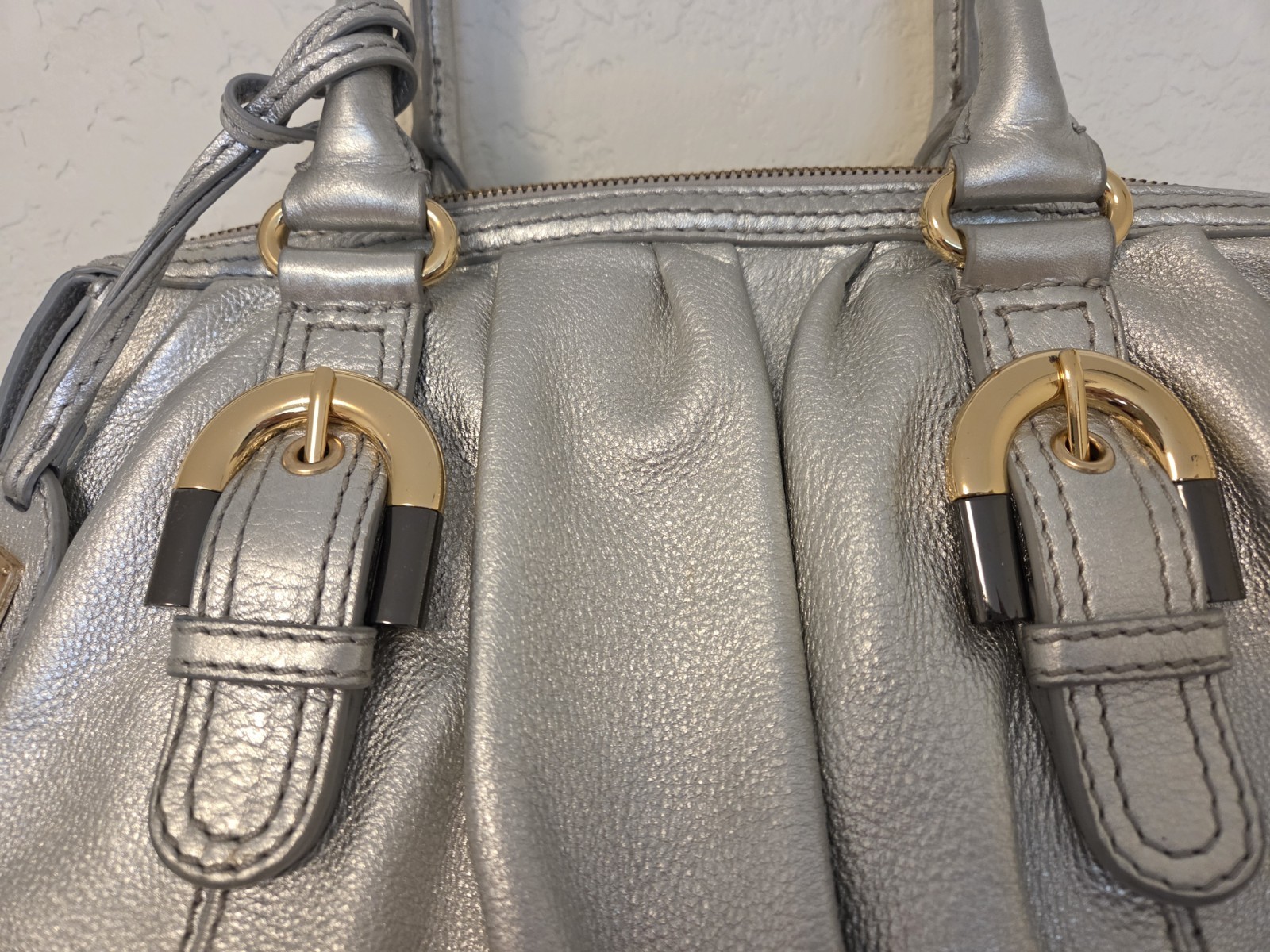 BADGLEY MISCHKA Silver Leather Shoulder Bag Satchel Buckle Purse Y2K EUC
