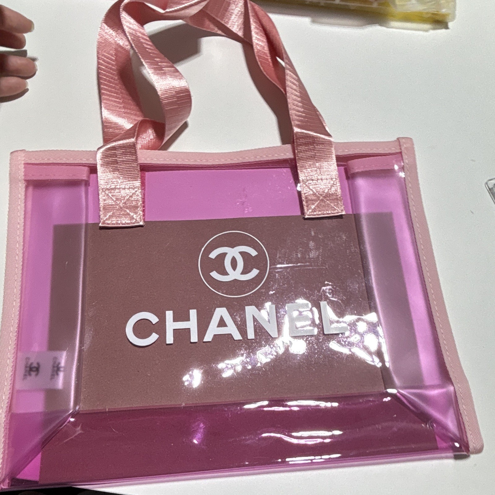 CHANEL Transparent Pink/Purple Logo Tote Bag Top Handle w/ Dust Bag