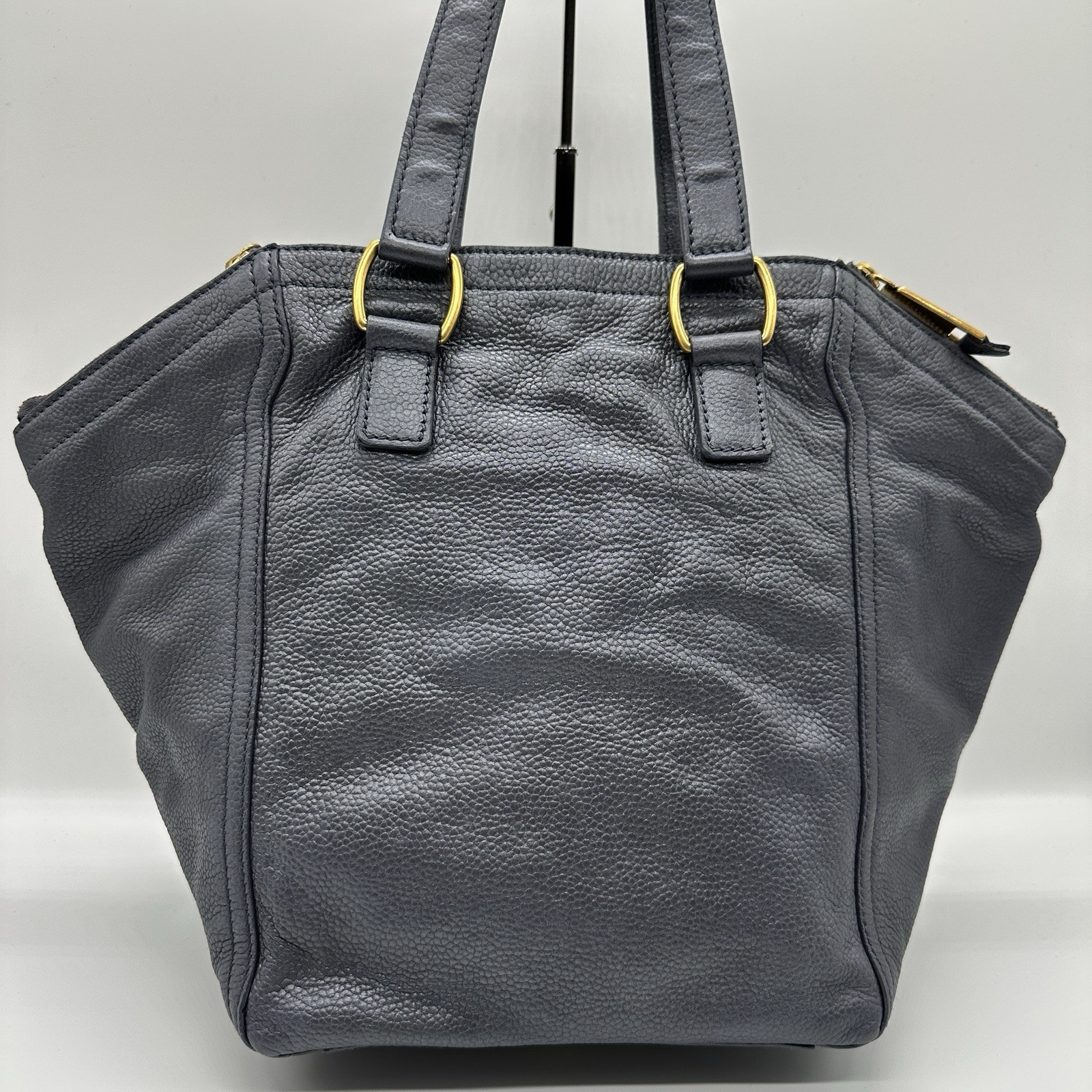 Yves Saint Laurent Rive Gauche Downtown Tote Shoulder Bag YSL Navy Leather Auth!