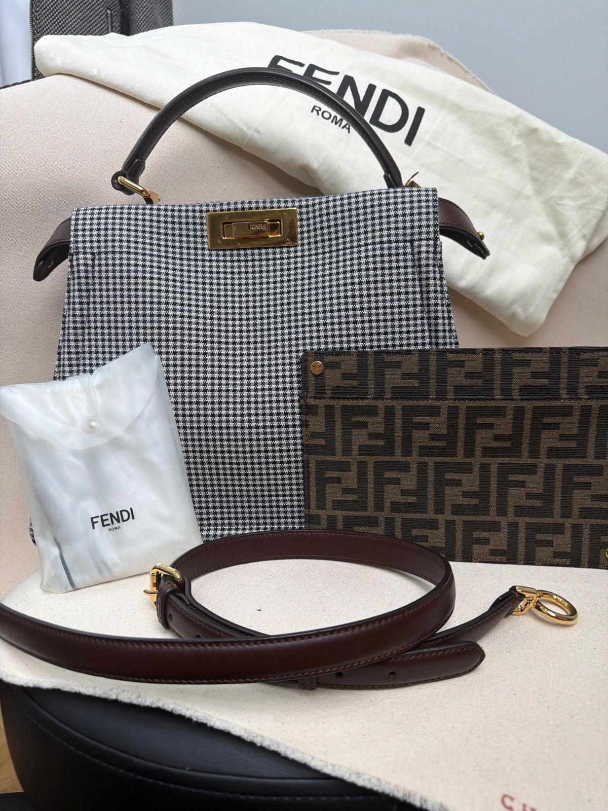 Fendi Peekaboo ISeeU Medium Houndstooth Top Handle Bag Authentic Black White