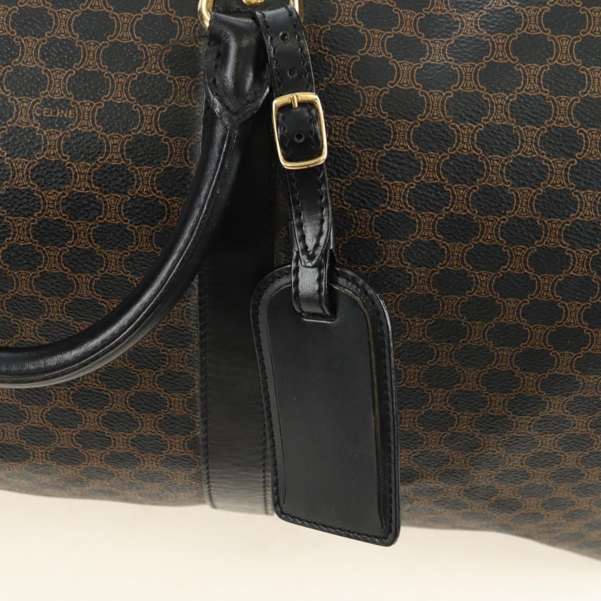 CELINE Macadam Canvas Boston Bag PVC Leather Black Gold Auth mr2439