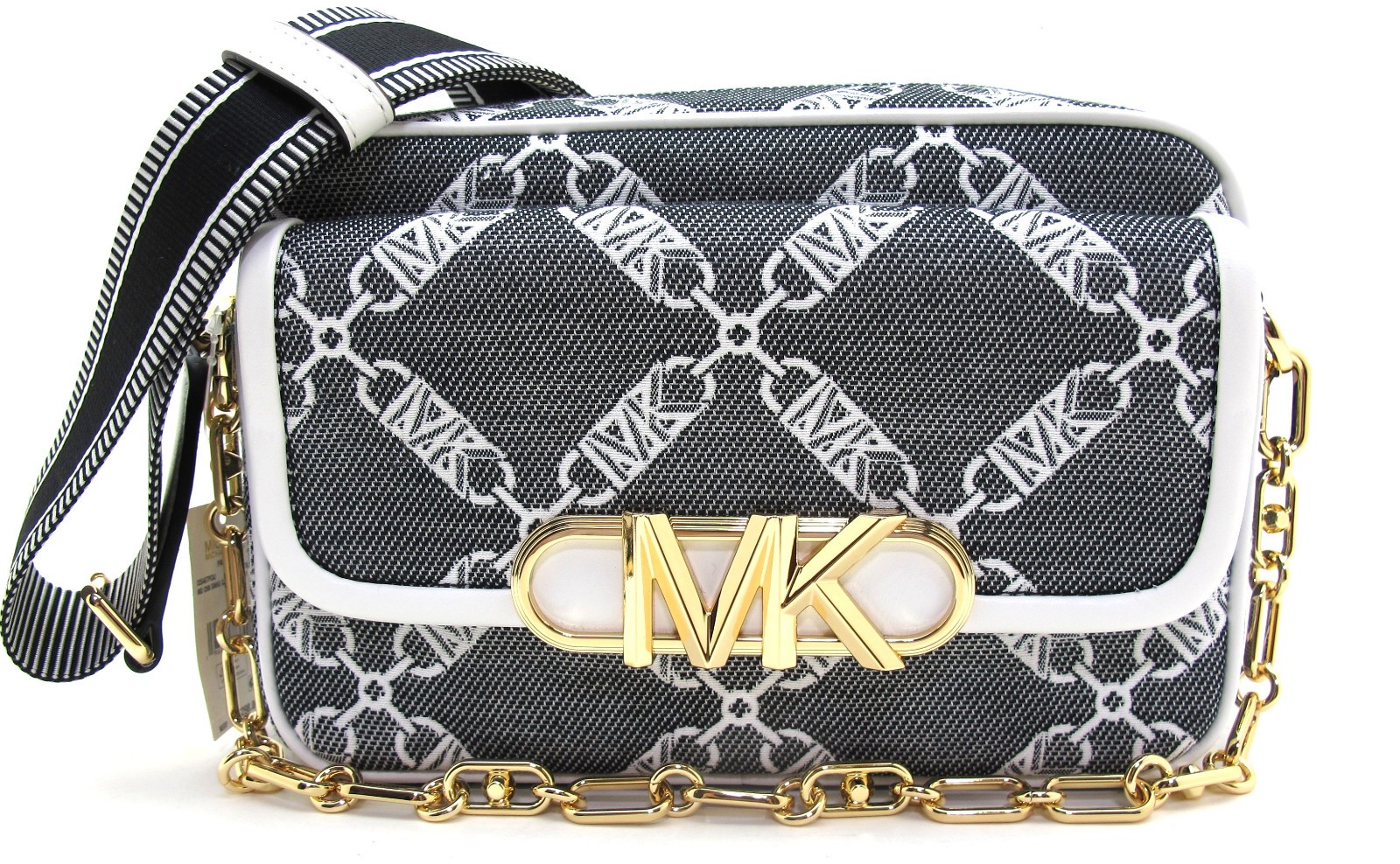 NEW Authentic MICHAEL KORS PARKER Chain Swag Camera Crossbody Black/Optic White