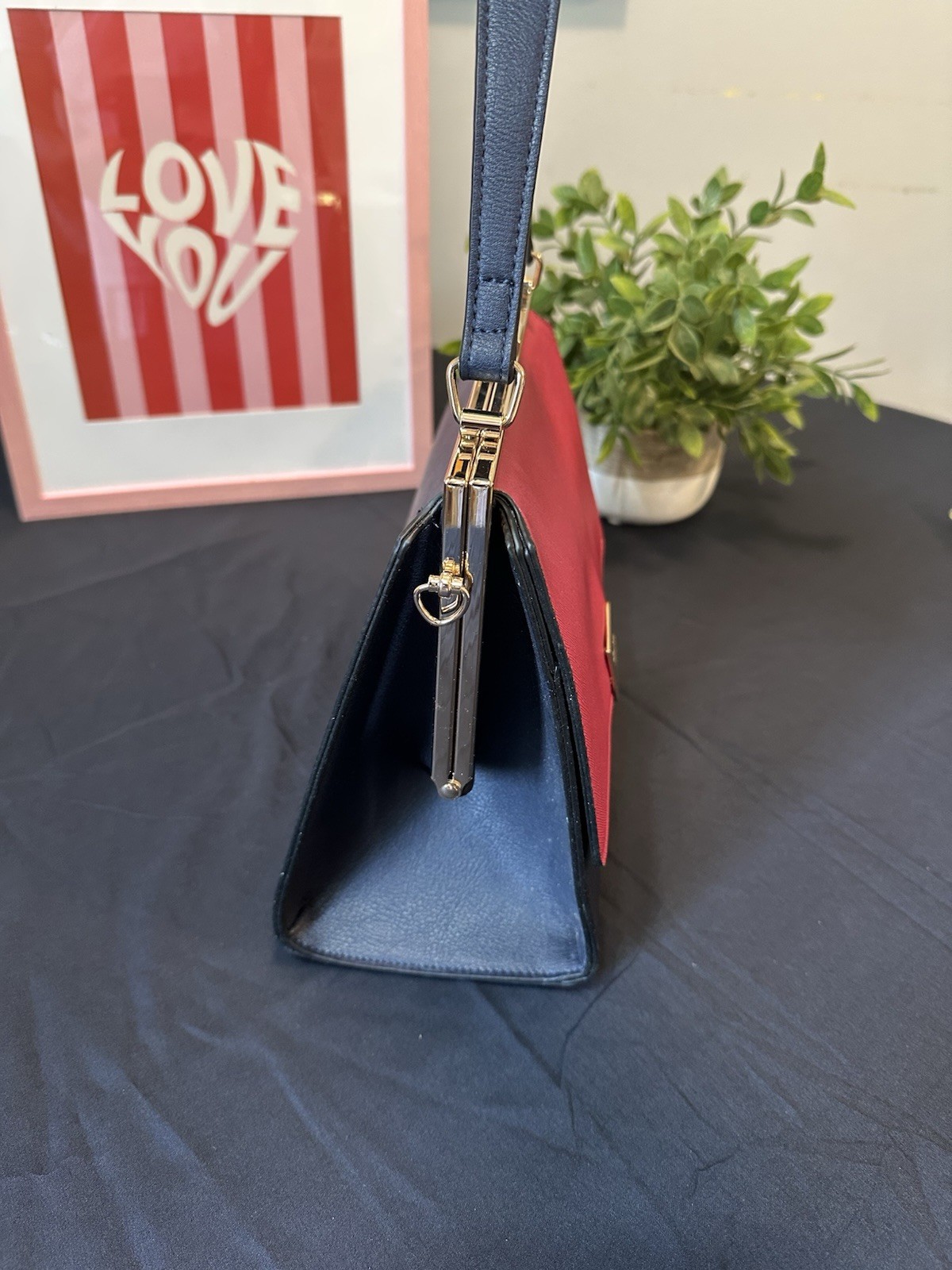 Dune London Pink/Navy Colorblock Satchel Top Handle Clasp Frame Gold Det Strap