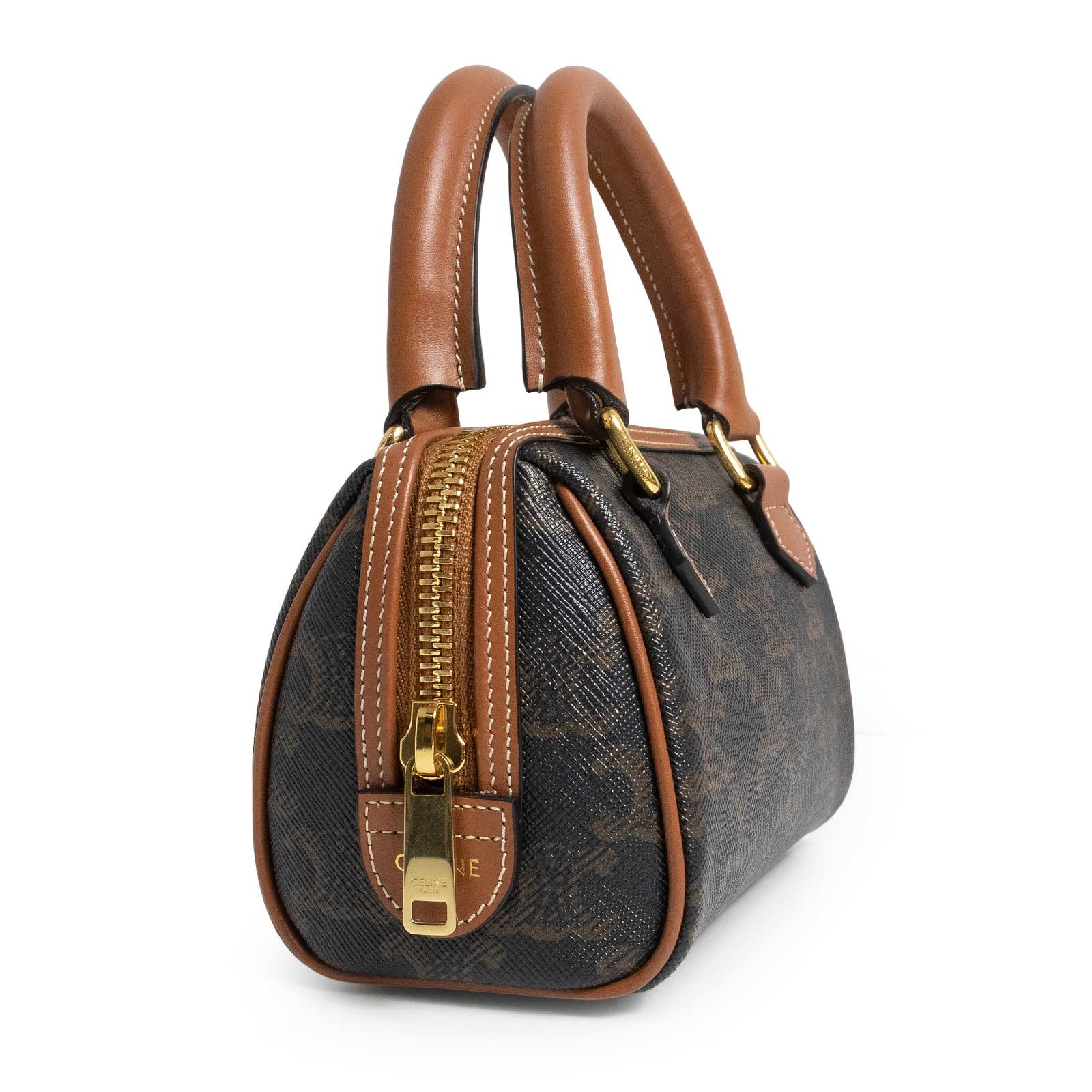 CELINE 10P042EUP.04LU Mini Boston Triomphe Canvas & Calfskin, Tan Shoulder Bag