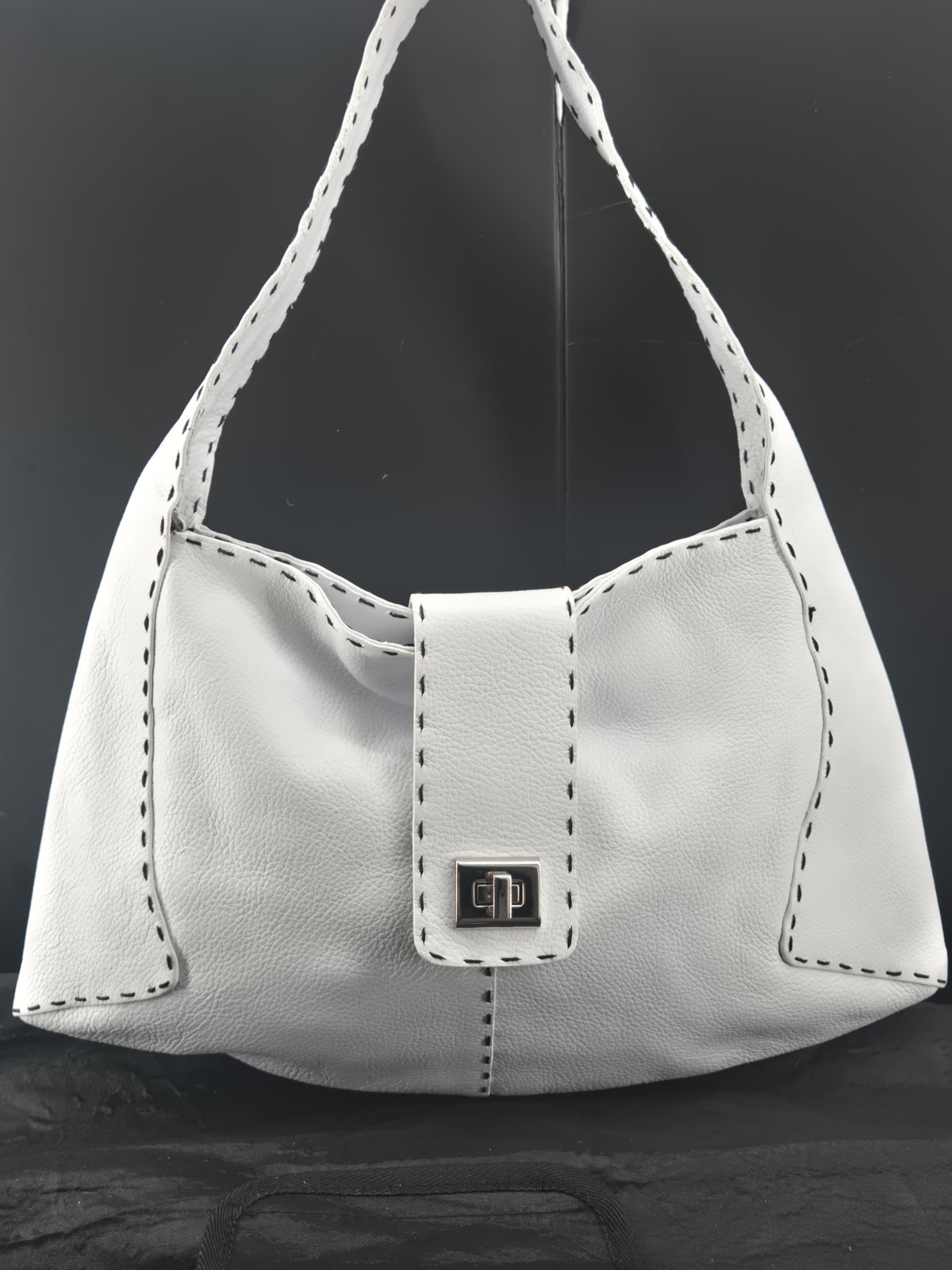 Sharif Slouchy Crescent White Leather Contrast Stitching Hobo Shoulder Bag