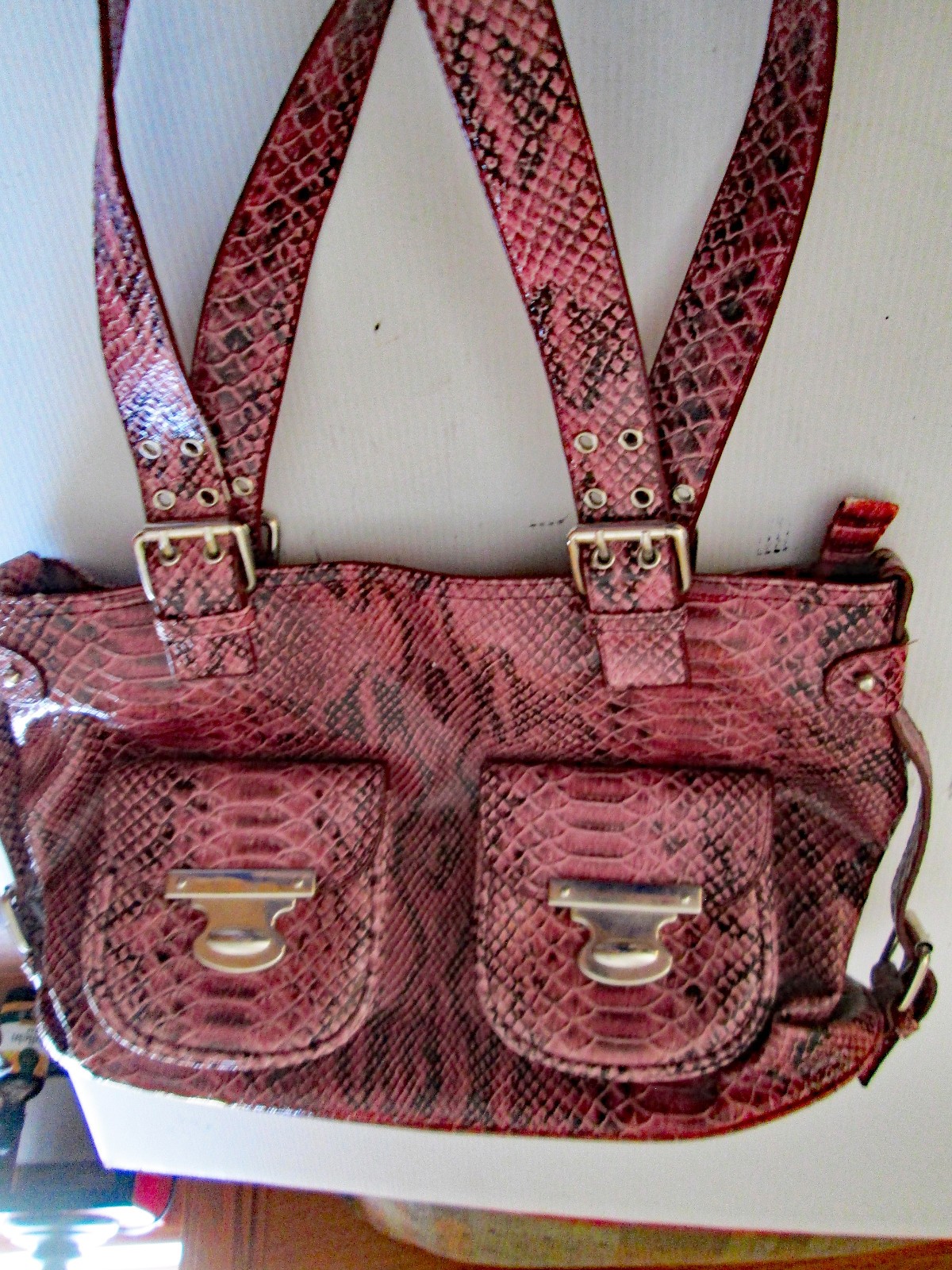 Vintage 90s Y2K Large Python Embossed Leather Satchel Bag Handbag PINK