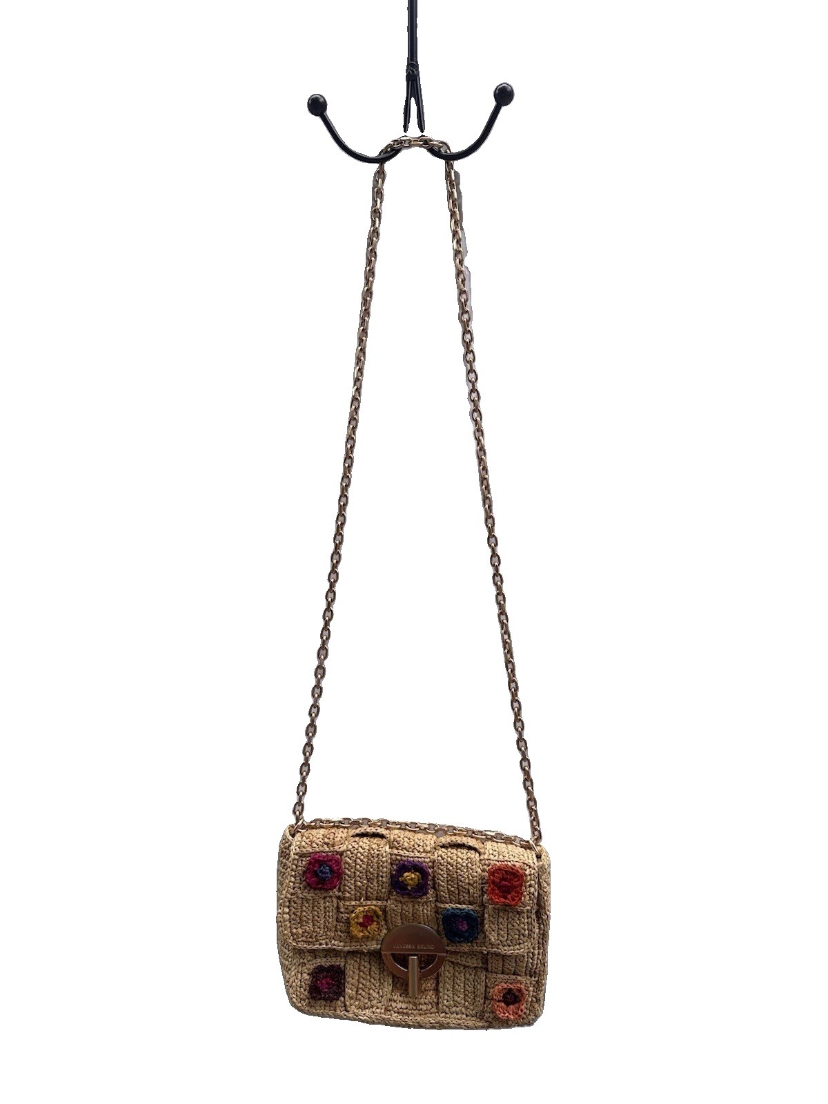 Vanessa Bruno Woven Shoulder Bag Beige/Multicolor Gold Chain Strap Turn Lock