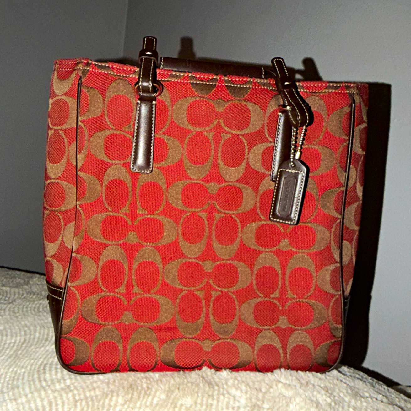 Coach Signature Logo Medium Tote Red/Brown Zip Top, Silver Hardware, Charm