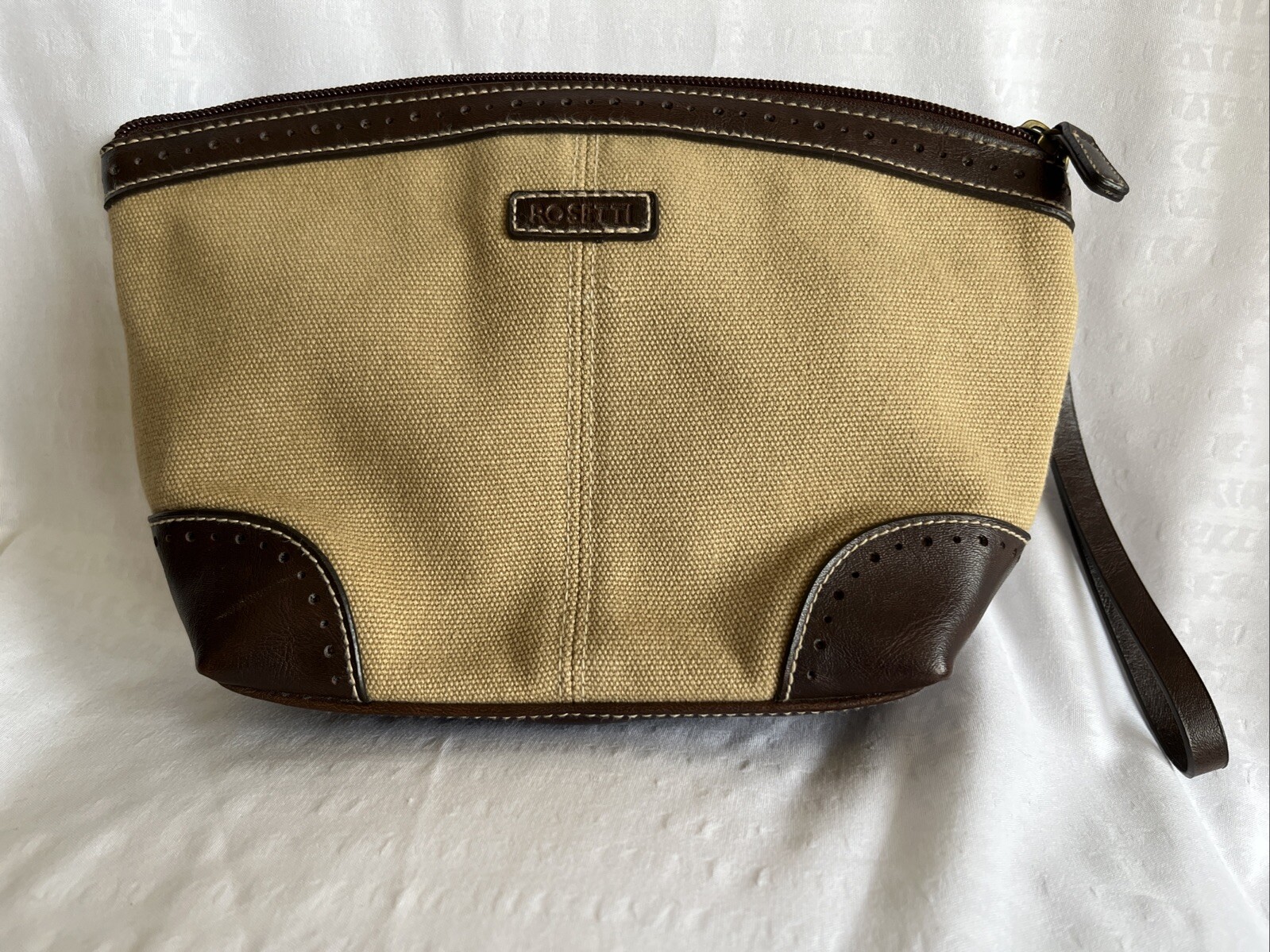 ROSETTI 100% Cotton with Vinyl Trim Brown Cosmetic Zipper Bag 9 1/2″W 6 1/2″H