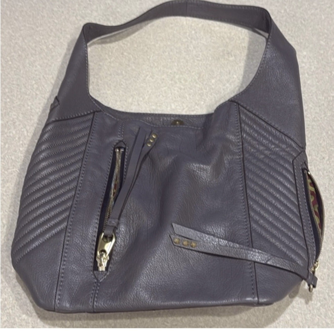 YANY Faux Leather Hobo Shoulder Bag Quilted Sides Gray With Gold Hardware