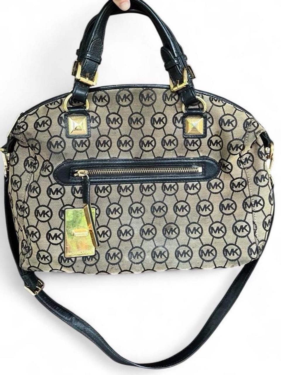 Michael Kors Calista Large MK Monogram Satchel Shoulder Bag Black Beige READ