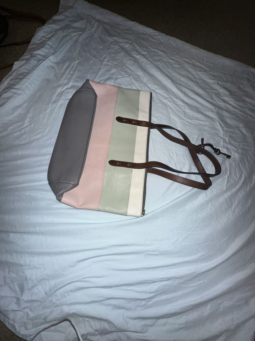 Fossil Jenna Pebble Leather Colorblock Stripe Tote Bag