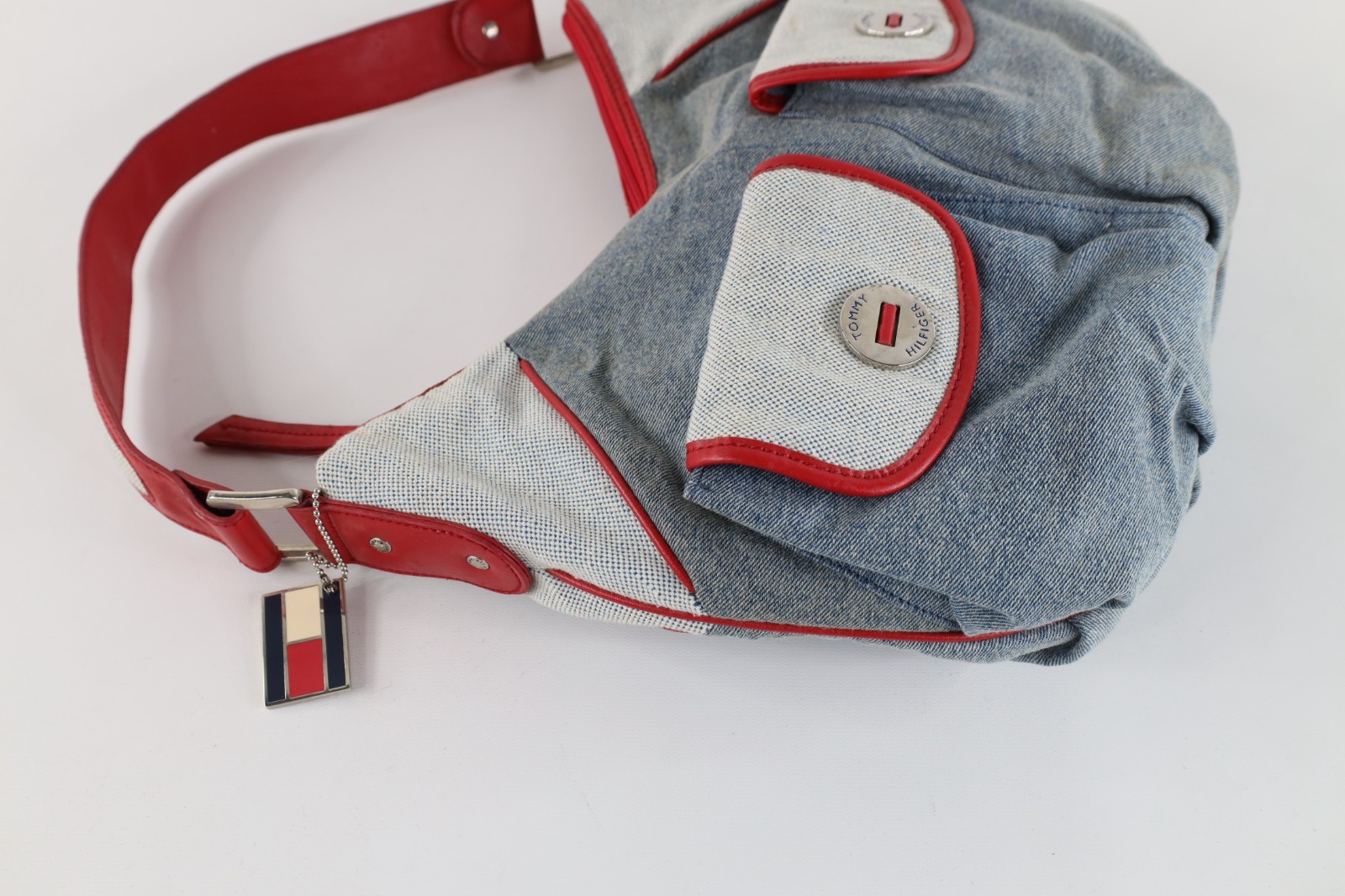 Vintage 90s Y2K Tommy Hilfiger Babydoll Denim Purse Carry On Bag Blue Red Trim