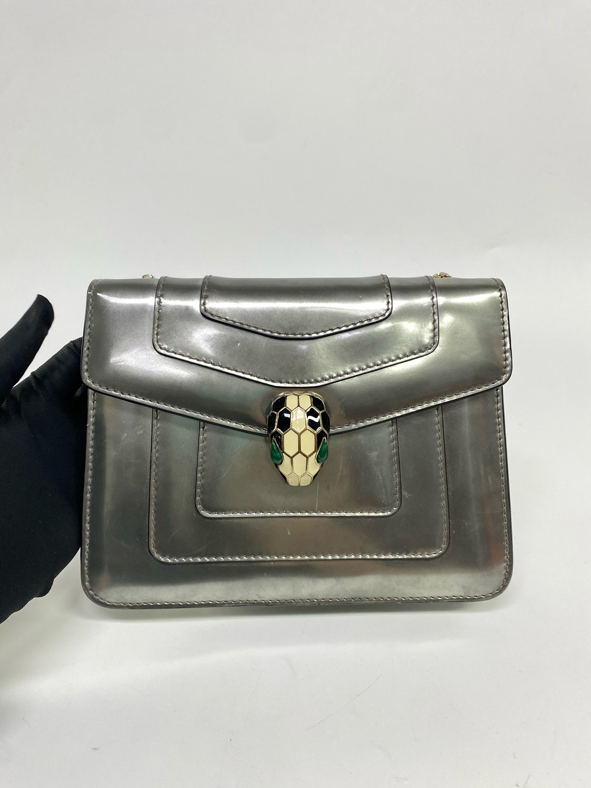 Bvlgari Serpenti Forever Small Flap Crossbody Metallic Silver Patent Leather Bag