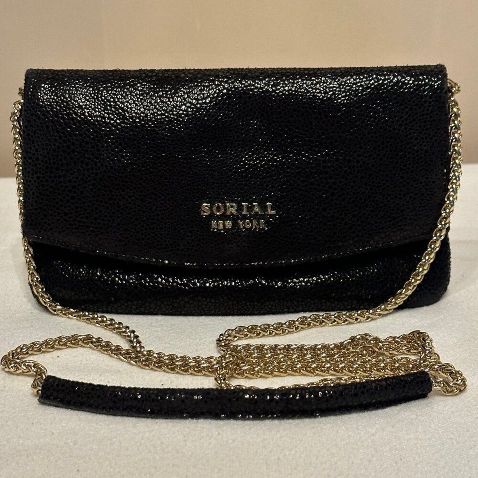 Sorial New York Soft Leather Black Evening Bag with Gold Chain Magnetic Closure