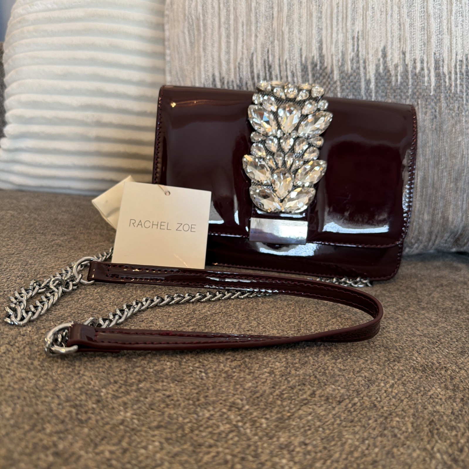 Rachel Zoe Crystal Embellished Patent Flap Clutch With Optional Strap, Wine NWT