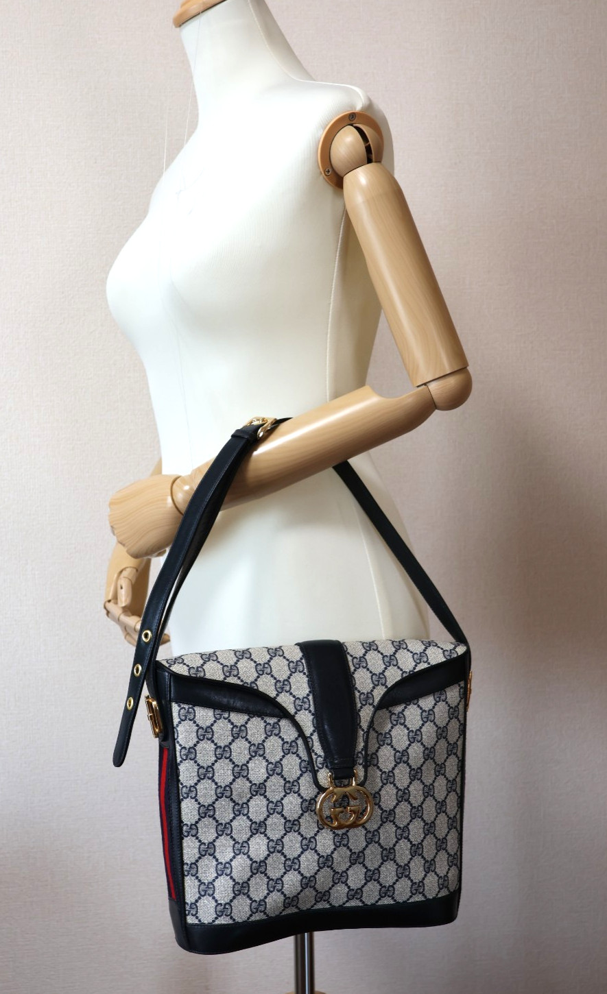 GUCCI VINTAGE Ophidia Shoulder Bag Web Stripe Interlocking-G Navy Rare Authentic