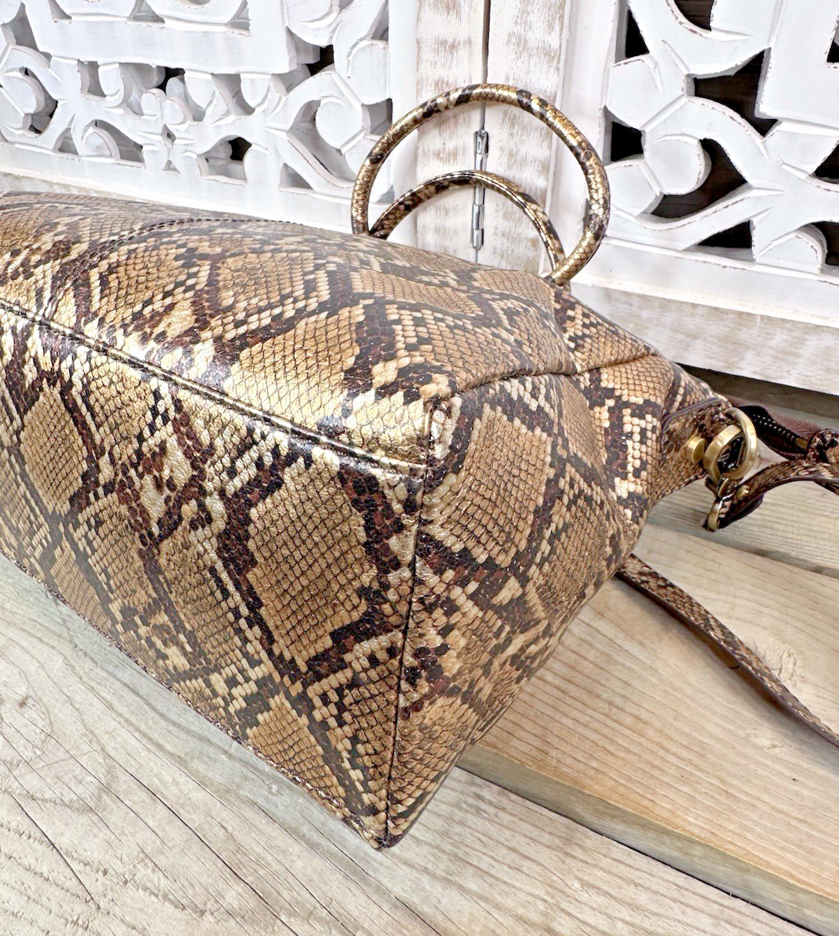 HOBO INTERNATIONAL Sheila Medium Satchel Crossbody Metallic Golden Snake Leather
