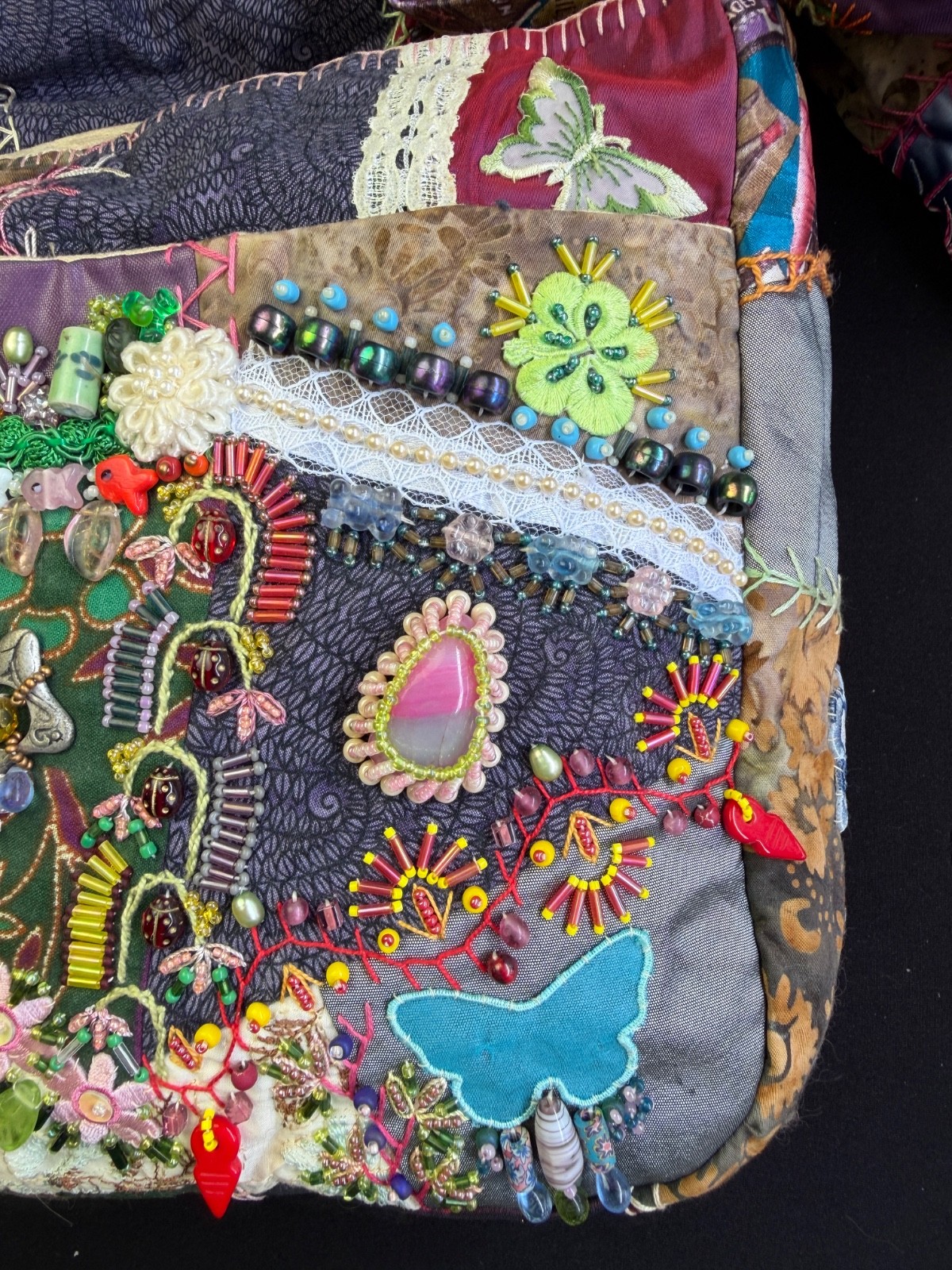 Handcrafted Boho Crazy Quilt Beaded Crossbody Bag Mixed Media Art to Wear Purse
