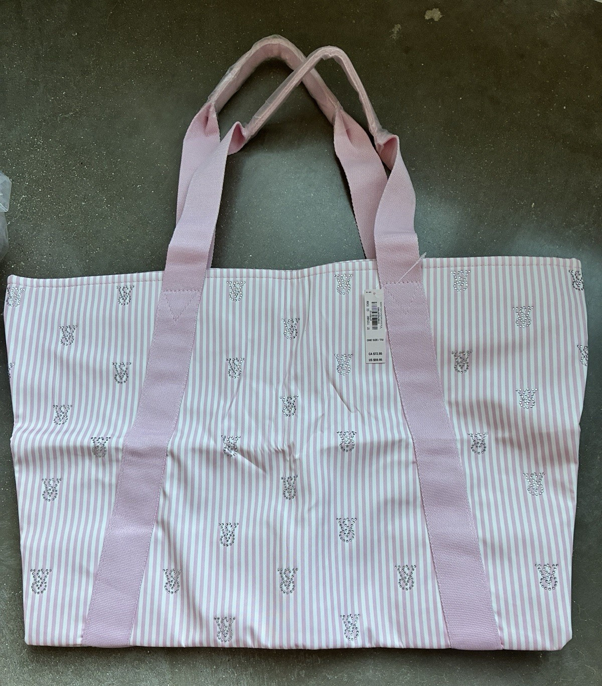 Victoria’s Secret Pink White Striped Tote Bag Zip Top Lined Rhinestone
