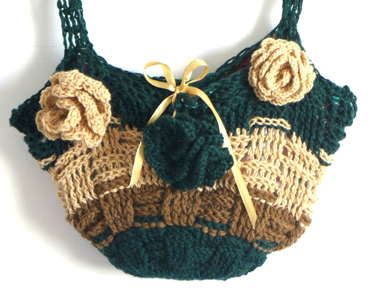 Womens Bag Handmade Crocheted Acrylic Wool With Flowers 12×20 inch Pocket Inside