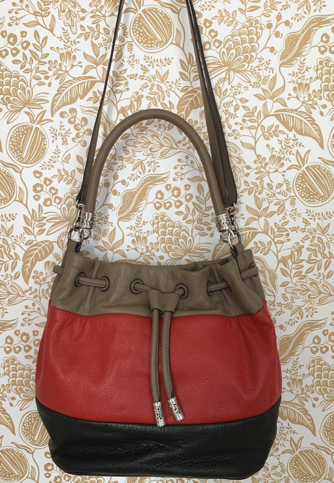Brighton Brody Hobo Bucket Shoulder Bag Leather Drawstring Red Black Brown EUC
