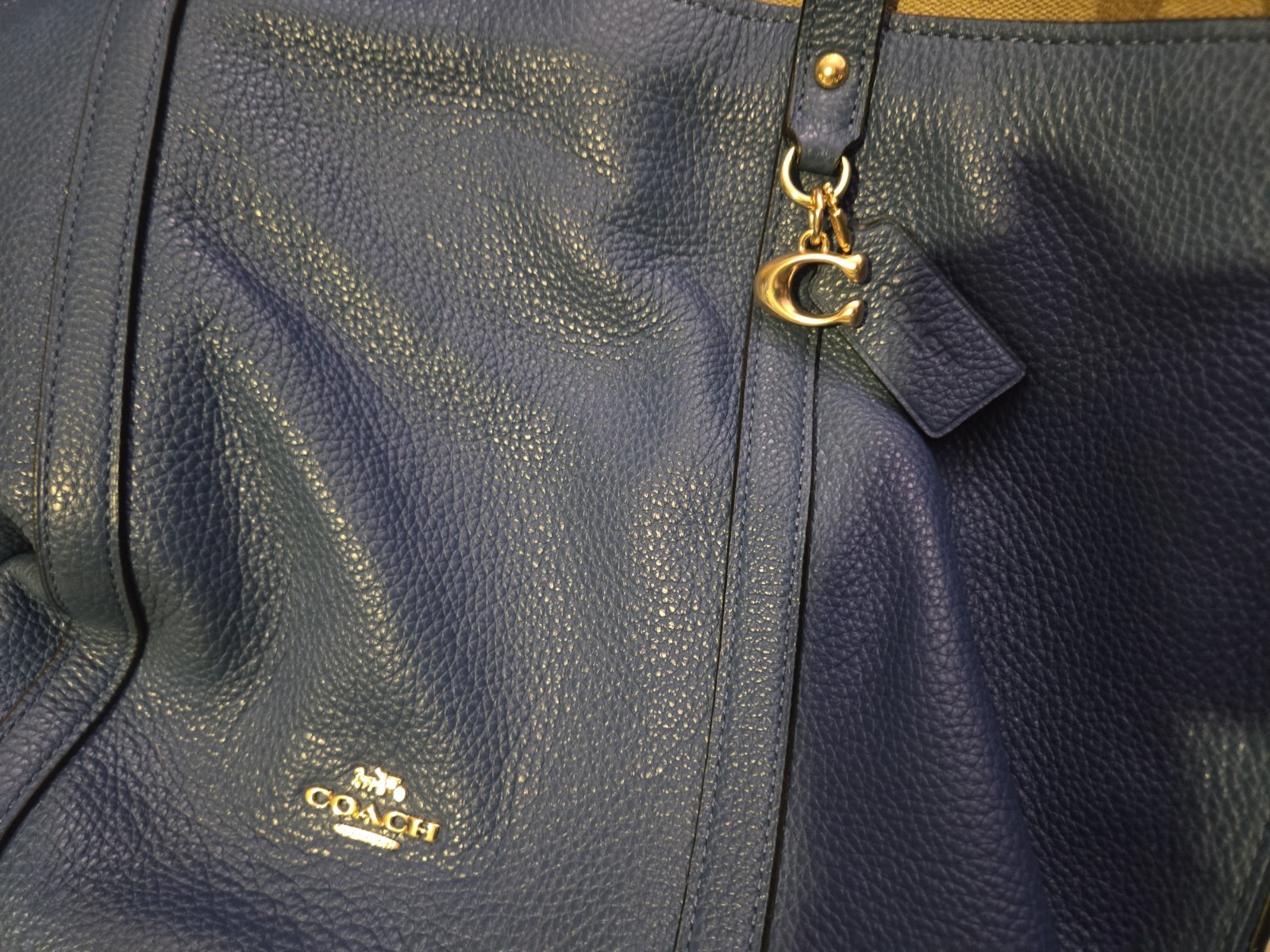 Coach Pebbled Leather Tote Deep Atlantic Khaki Blue Logo Tag Gold Hardware Zip