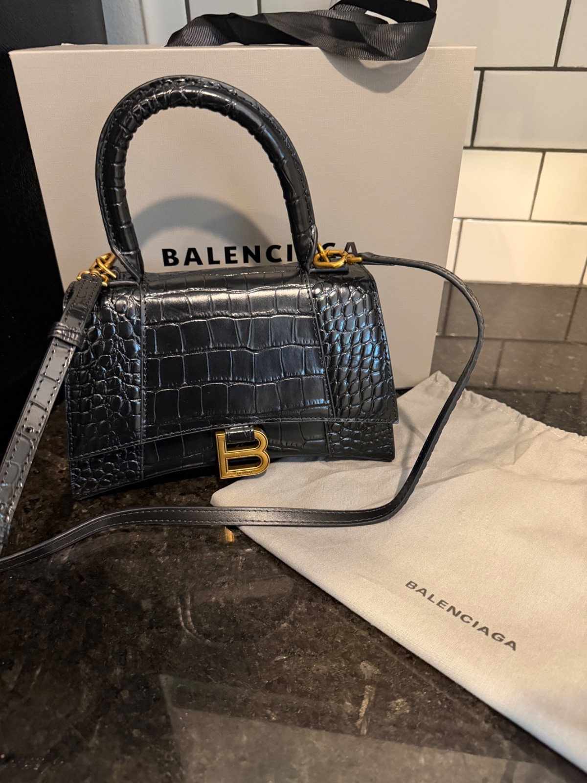 Balenciaga Black Croc Embossed Top Handle Bag w/ Gold B Logo & Strap