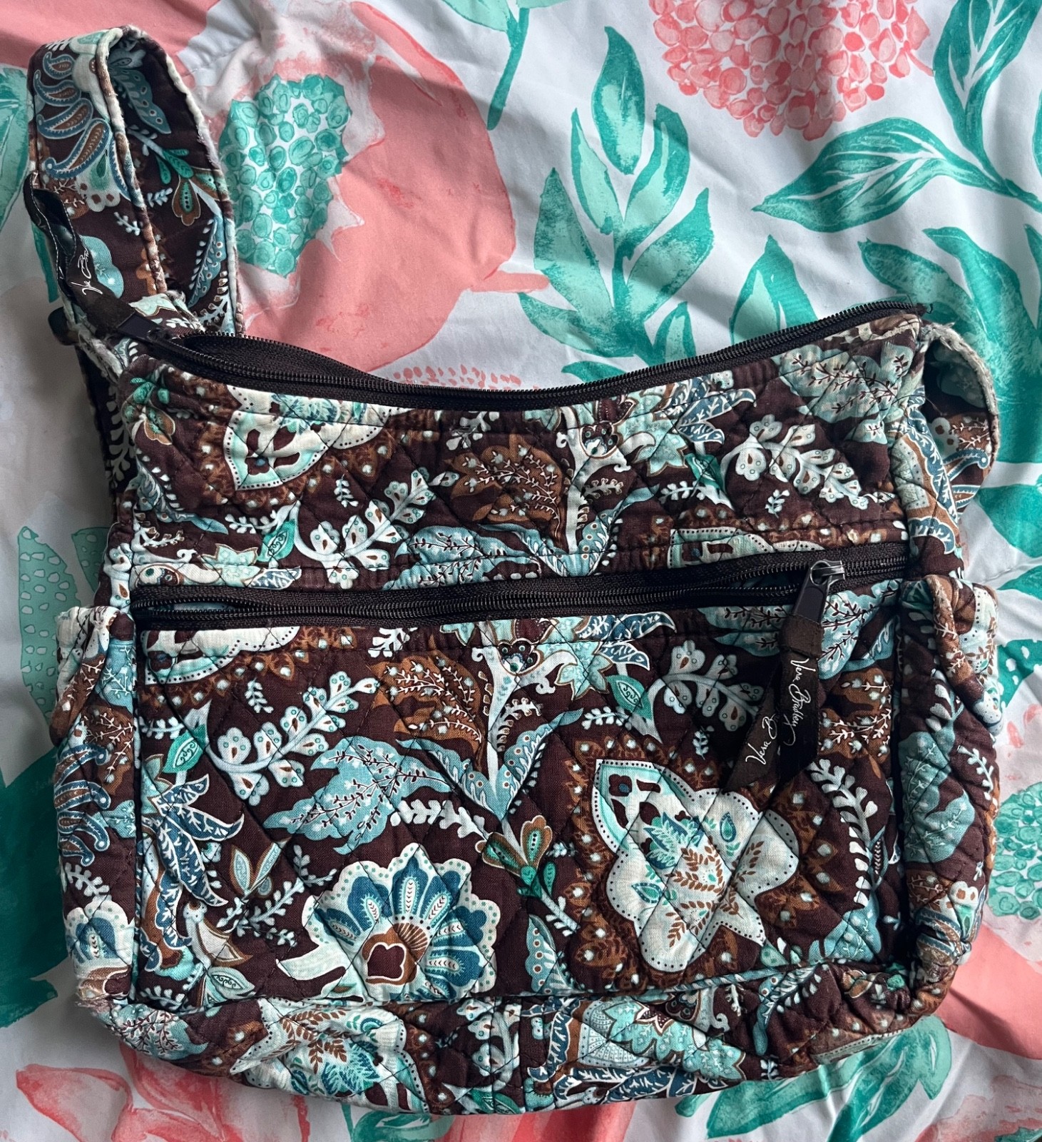 Vera Bradley Java Blue Brown On the Go Shoulder Bag / Crossbody Purse