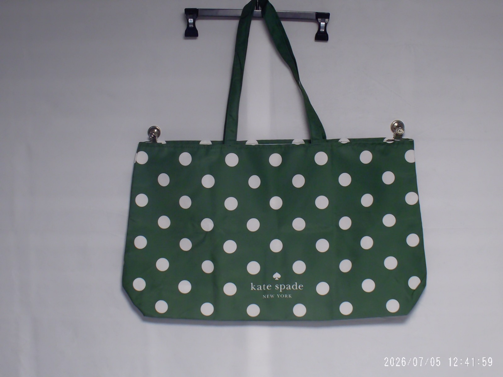 ‘NWOT’ Kate Spade XL Canvas Shopper Tote or Beach Bag Green w White Polka Dots