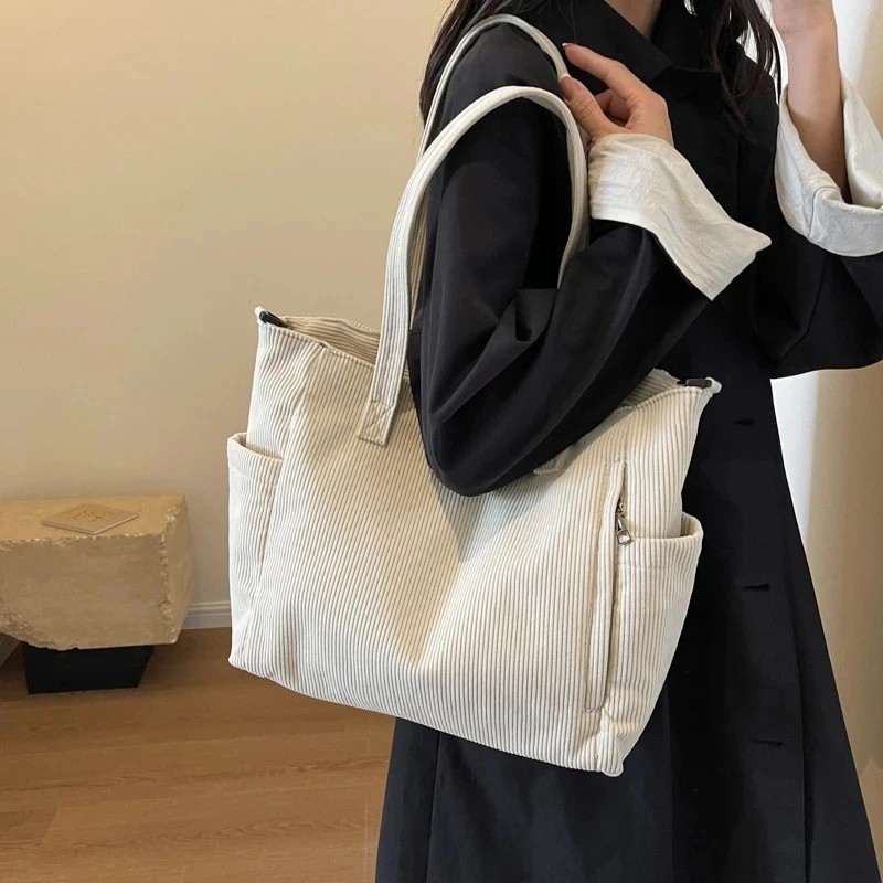 Women’s Corduroy Tote Bag Casual Multi Pocket Handbag Adjustable Crossbody