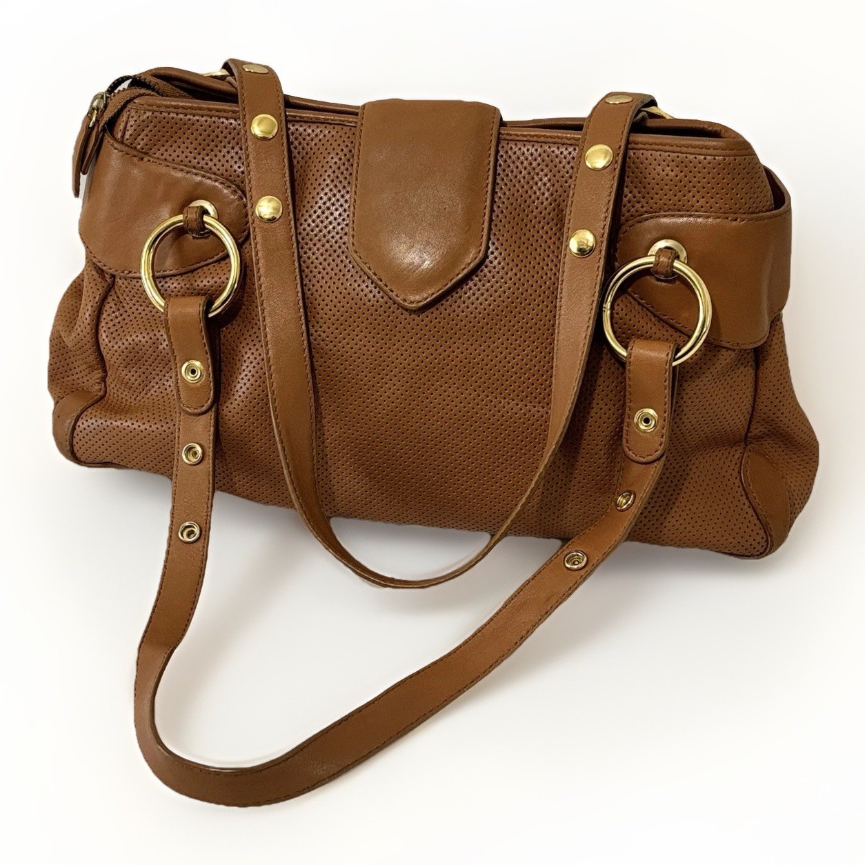 VIA SPIGA Medium Bag Leather Brown Shoulder Purse W/Gold Hardware