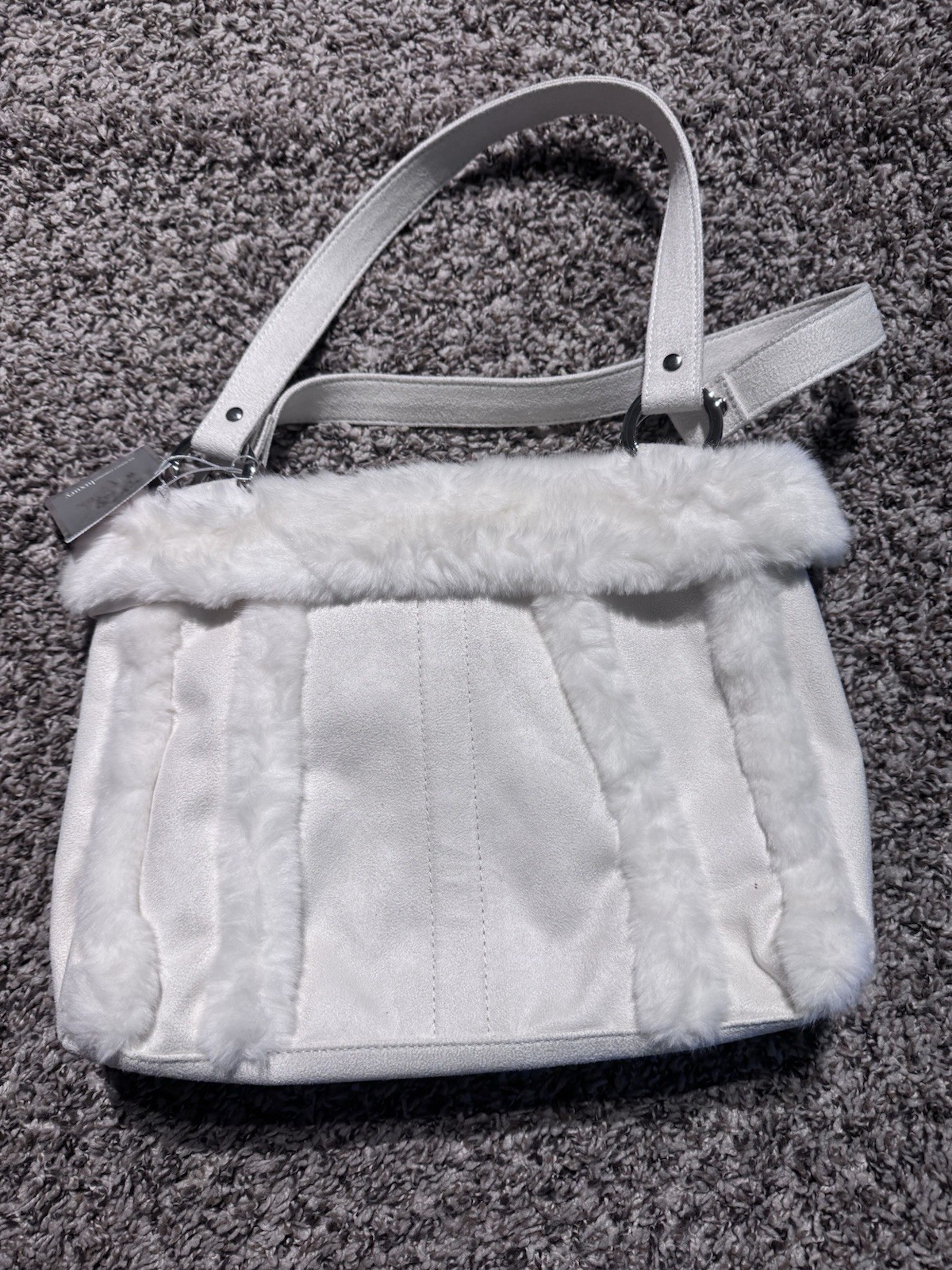 Bath & Body Works White Fur Trim Small Shoulder Bag Magnetic Closure Pockets