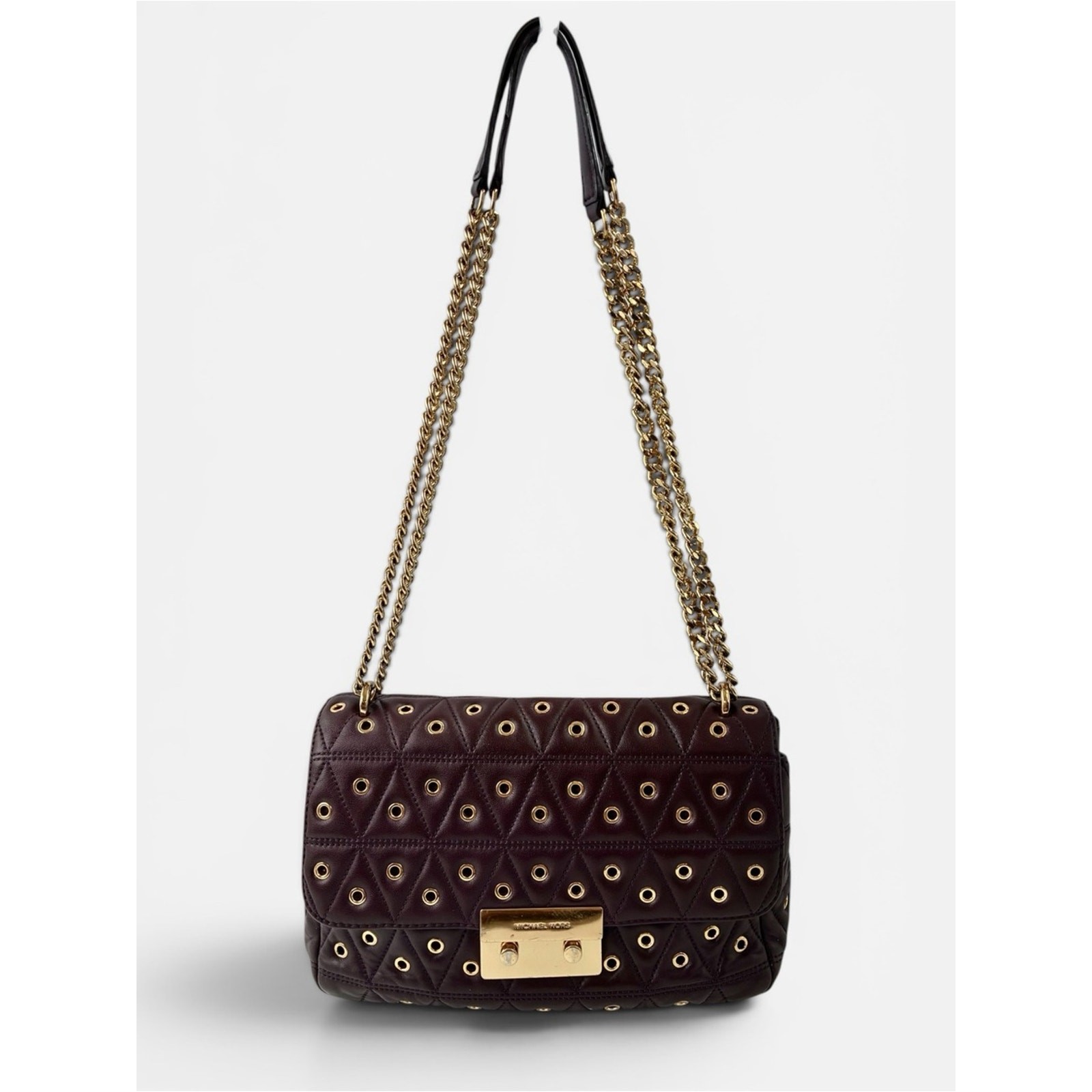 Michael Kors Quilted Grommet Chain Shoulder Bag Dark Purple Leather Flap