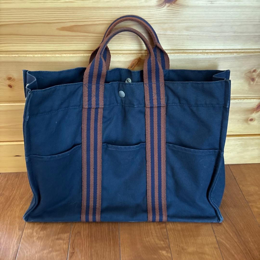 HERMES Fourre Tout MM Canvas Tote Bag Navy Blue Logo Men’s Used Japan