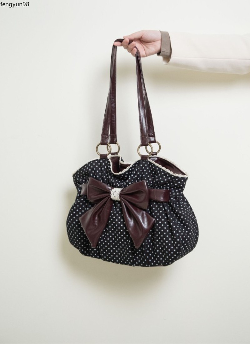 Chic Polka Dot Tote Bag Vintage Women Handbags Shoulder Bag Bow Sweet Bag