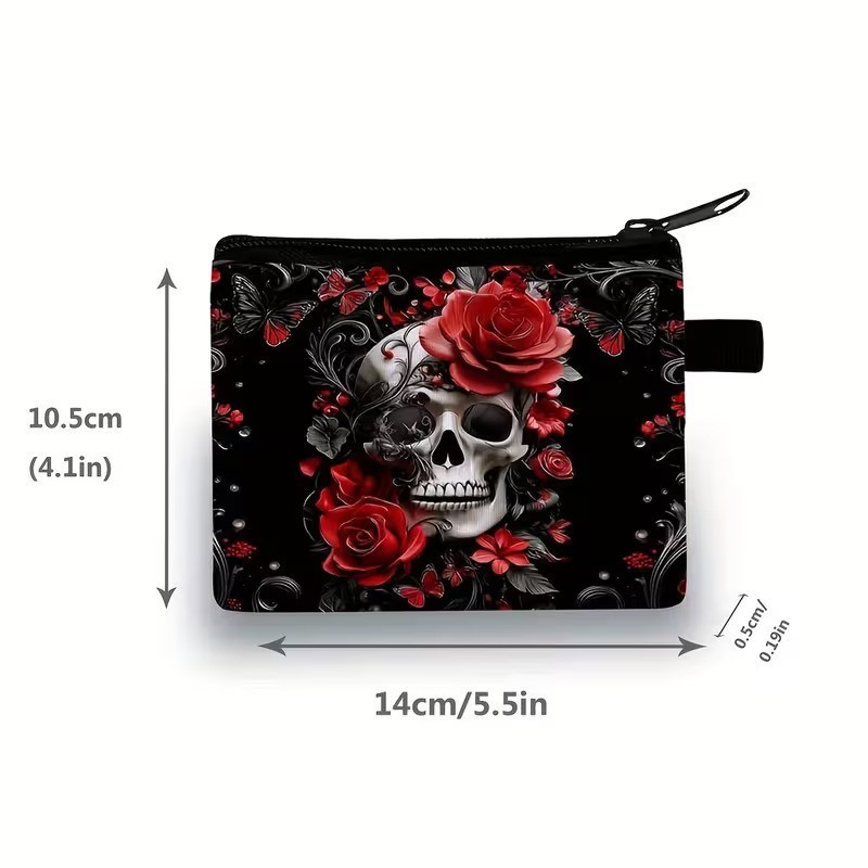 Halloween Dark Goth Skull & Red Roses Make Up Bag Double-Sided 4.1h” x 5.5″w