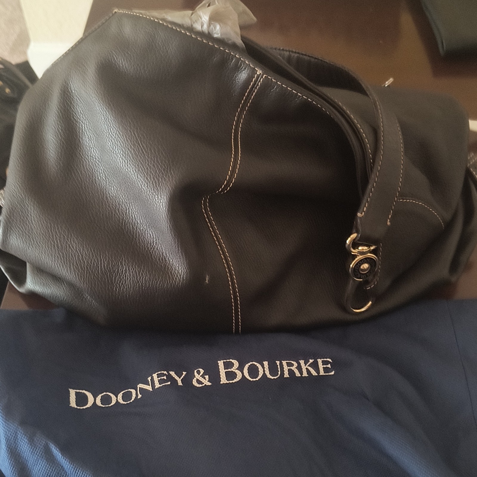 Dooney & Bourke Black Pebbled Hobo Shoulder Bag, Zip Closure, Gold, Dust Bag
