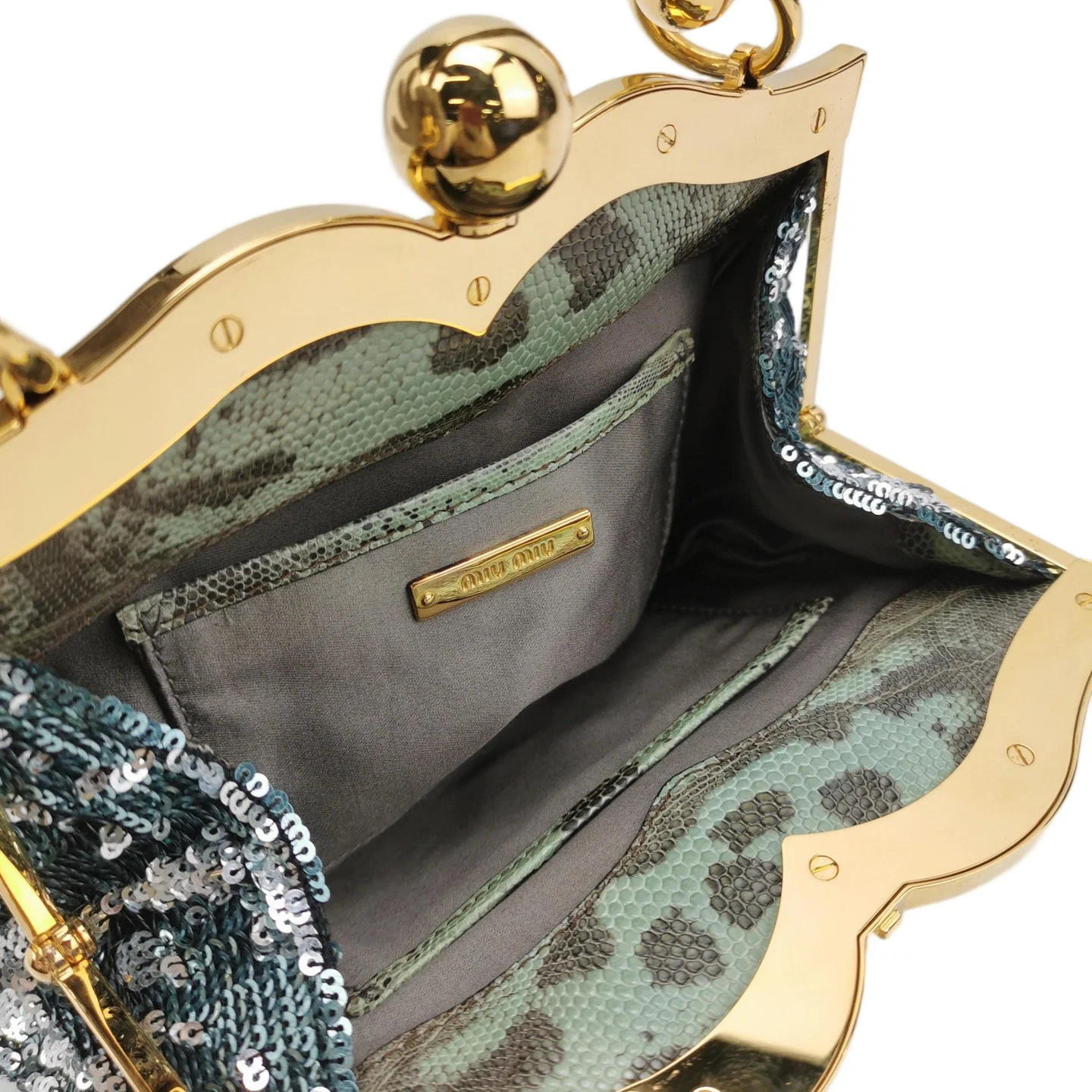 Miu Miu Handbag Silver Green Cowhide Lizard Sequin (aa071526a0r)