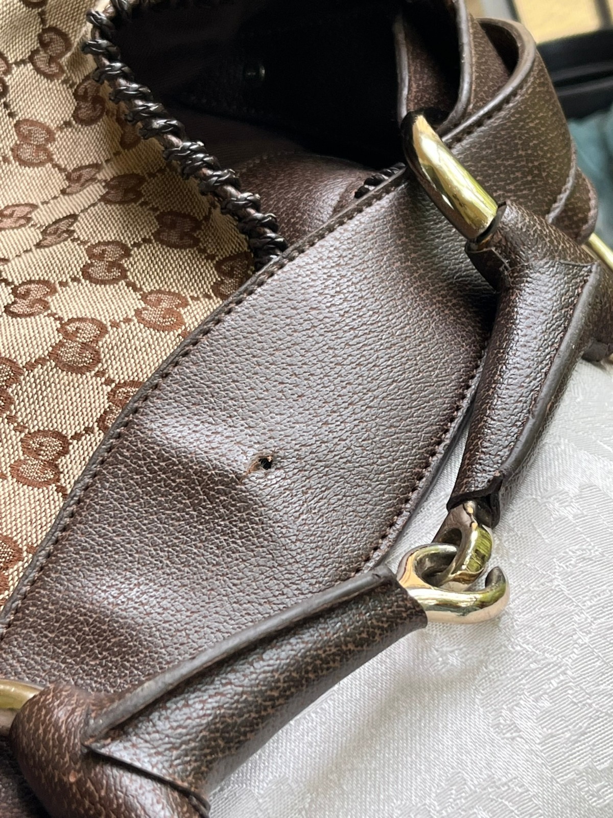 Authentic Gucci Large Horsebit Hobo GG Beige Monogram Canvas Leather Trim 114900