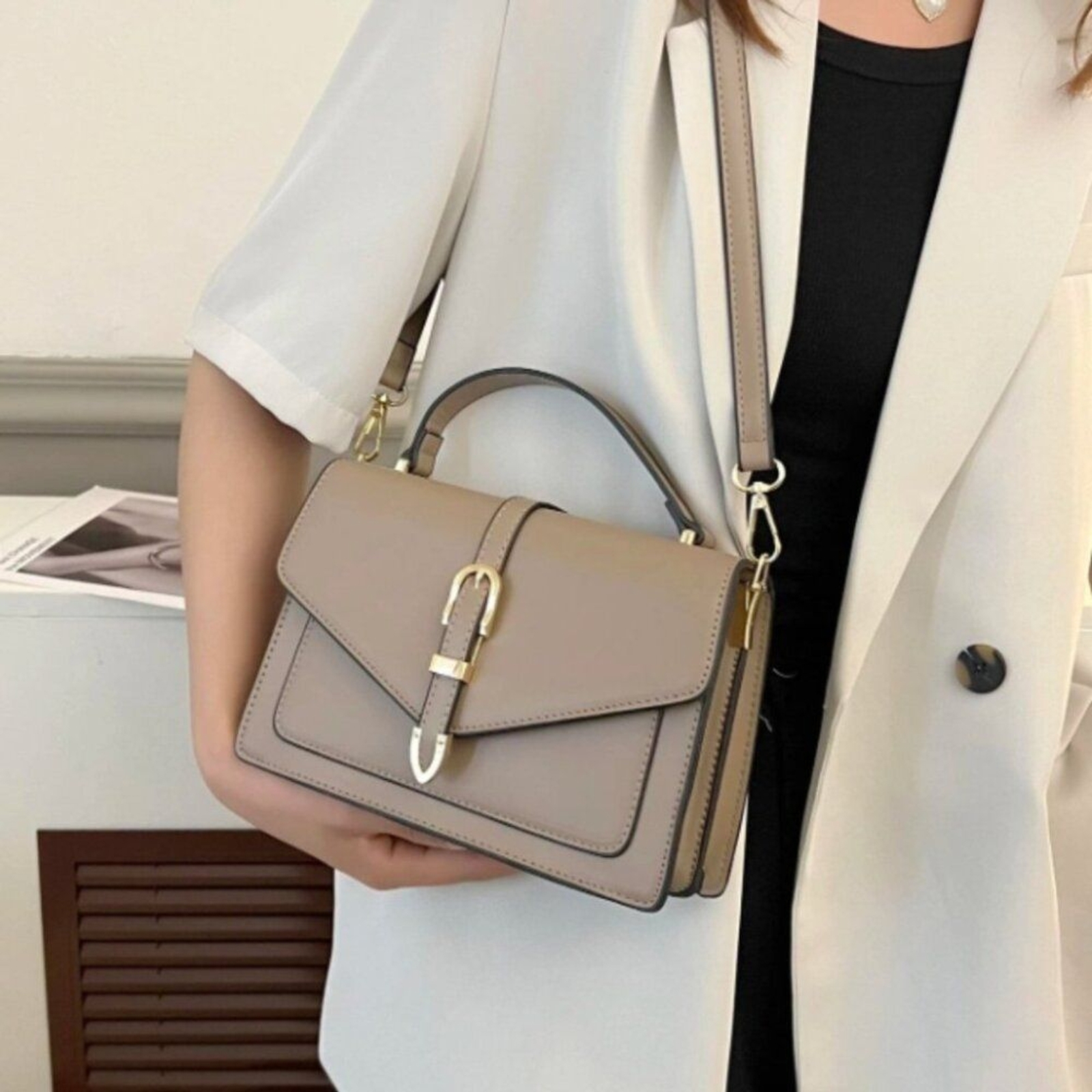 Livvi’s Contemporary Classique Crossbody Bag Purse Handbag, TAUPE