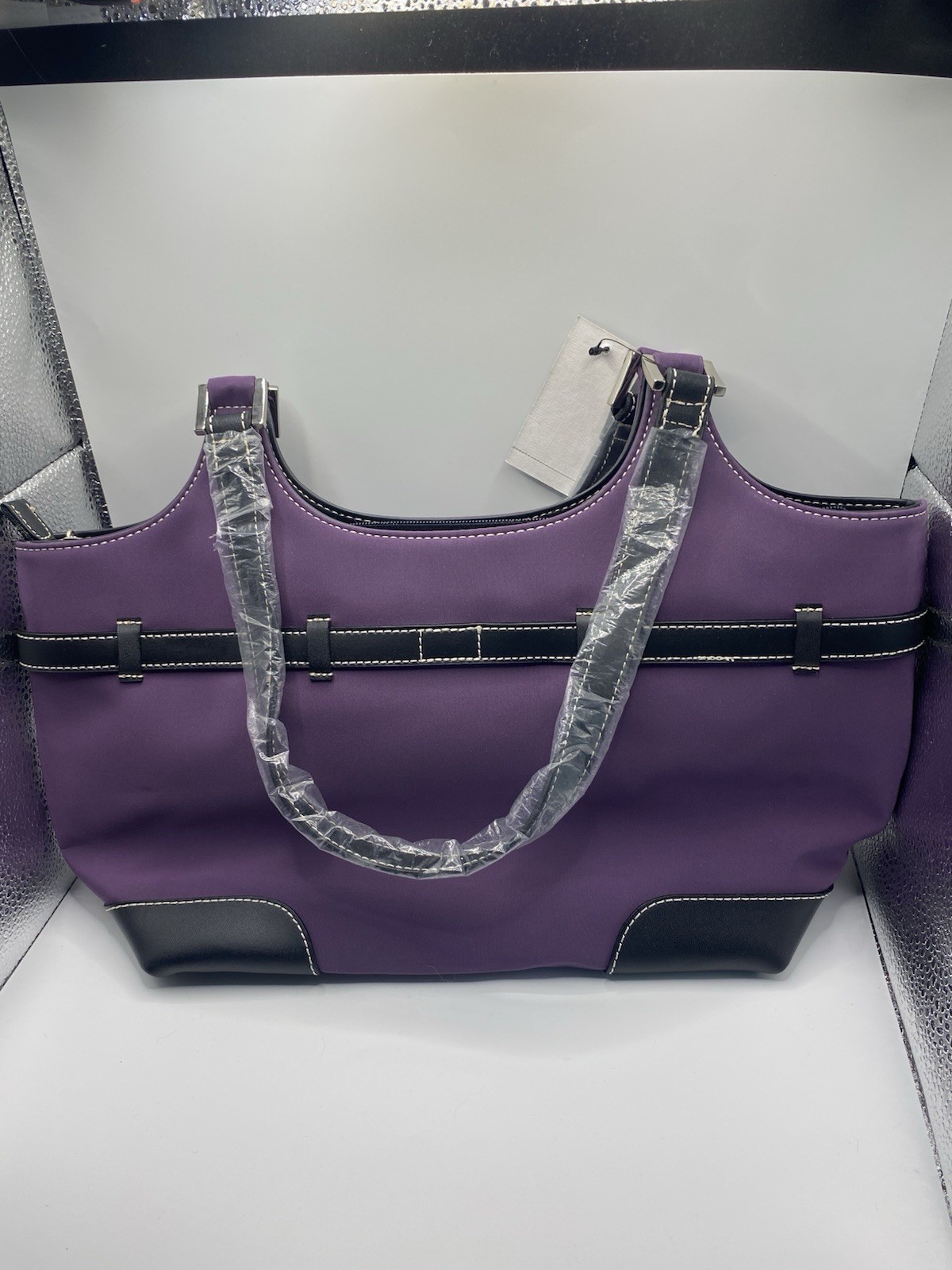 MAXX NEW YORK BLACK LEATHER TRIM PURPLE TOTE DOUBLE SHOULDER STRAPS NEW