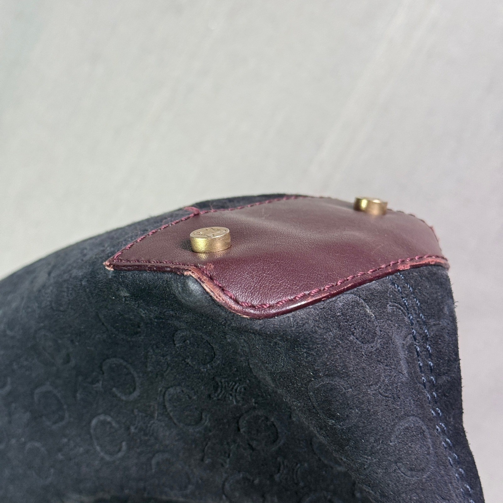 Celine Macadam C Logo Embossed Suede Tote Bag Burgundy Leather Trim Vintage