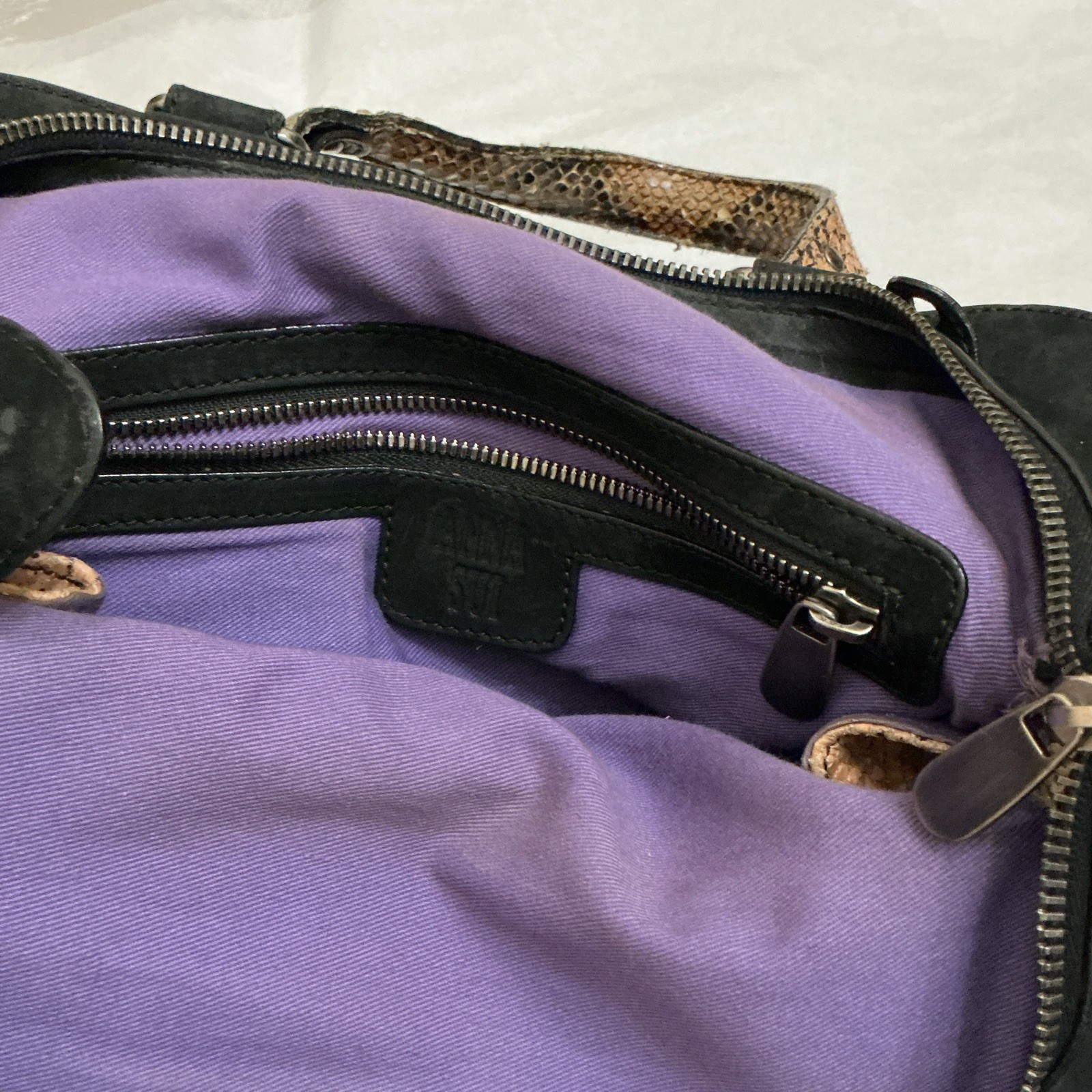 Anna Sui Snake Print Satchel Top Handle Brown/Black Purple Lining Zip Pockets
