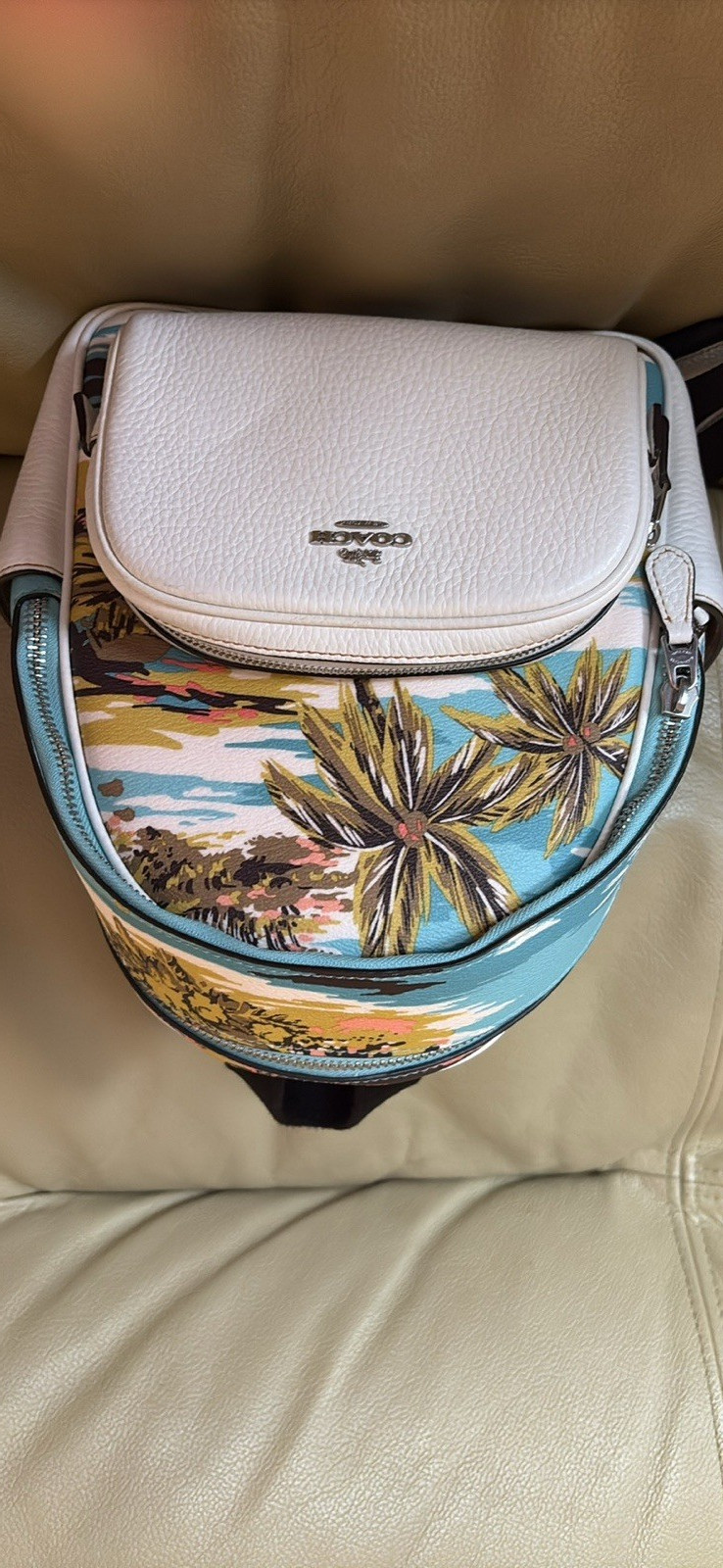 Coach Multicolor Floral Hawaiian Leather Backpack, Zip Closure, Inner Pockets.