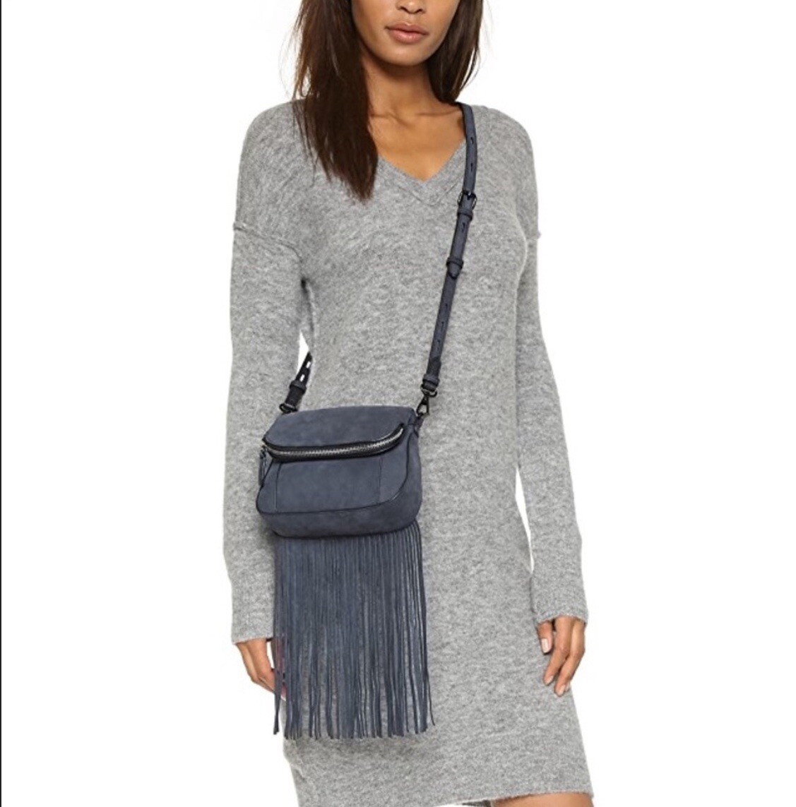 Rebecca Minkoff Mini Crosby Saddle Bag Gray Suede Fringe Boho Festival Western