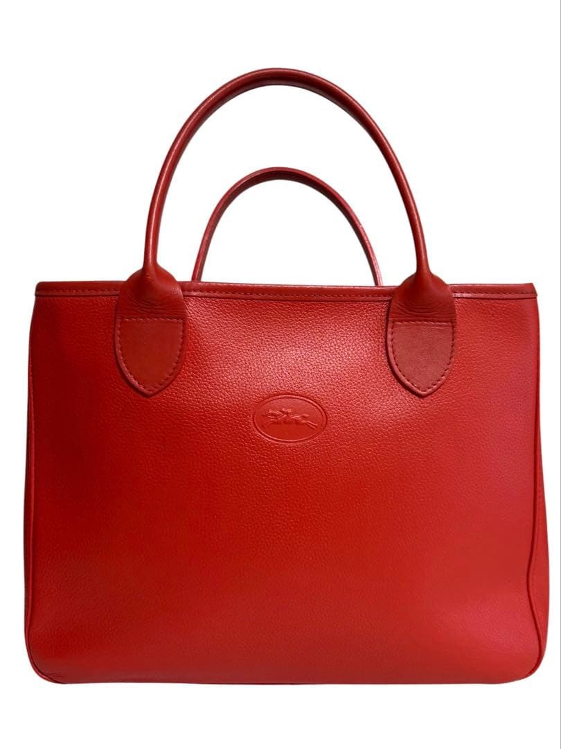 Longchamp Pebbled Leather Tote Red A4 Magnetic Button Embossed Horse Logo Auth