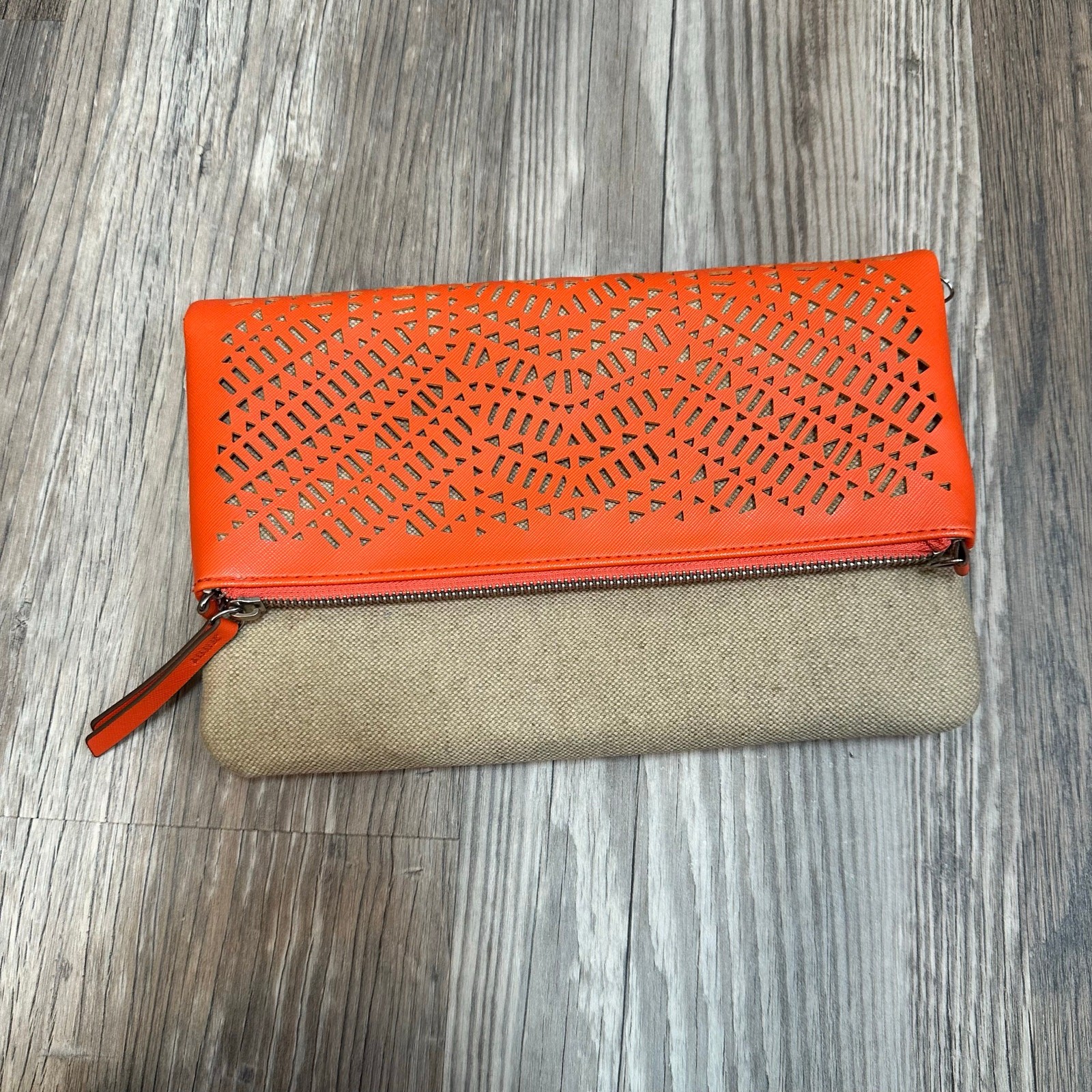 Stella & Dot Waverly Petite Crossbody Fresh Orange Linen Clutch Vegan Leather
