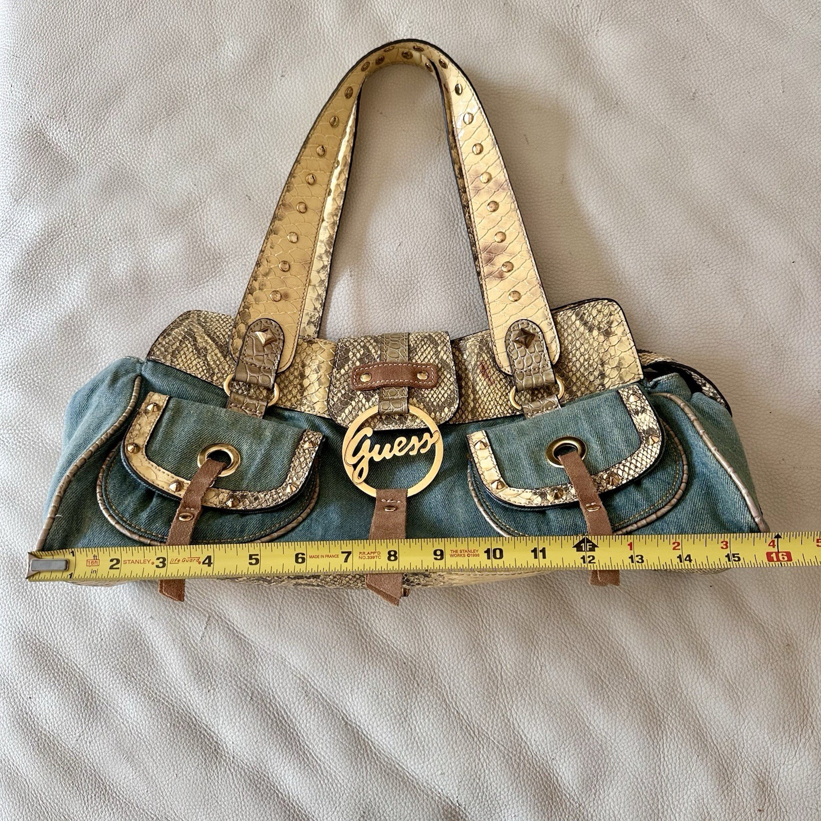 Vintage Guess Y2k Studded Denim Snake Print Shoulder Baguette Bag EUC